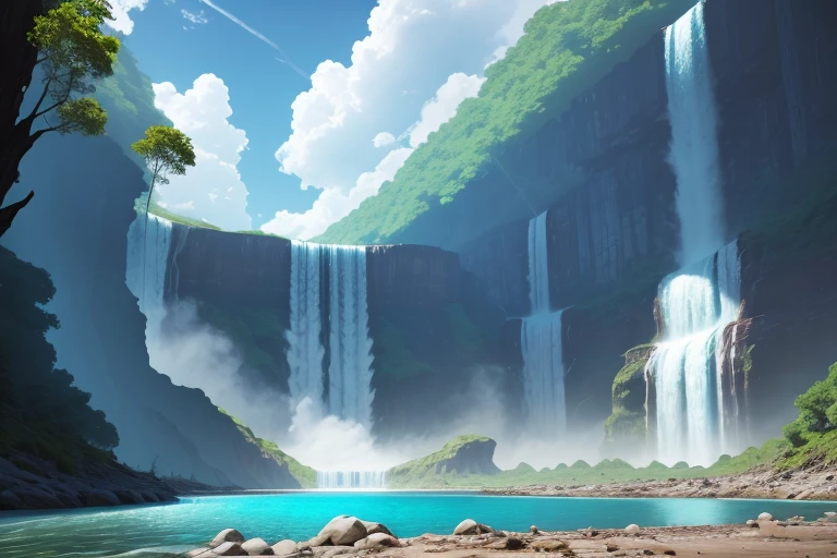 ConceptArt, no humans, scenery, water, sky, day, tree, cloud, waterfall, outdoors, building, nature, river, blue sky