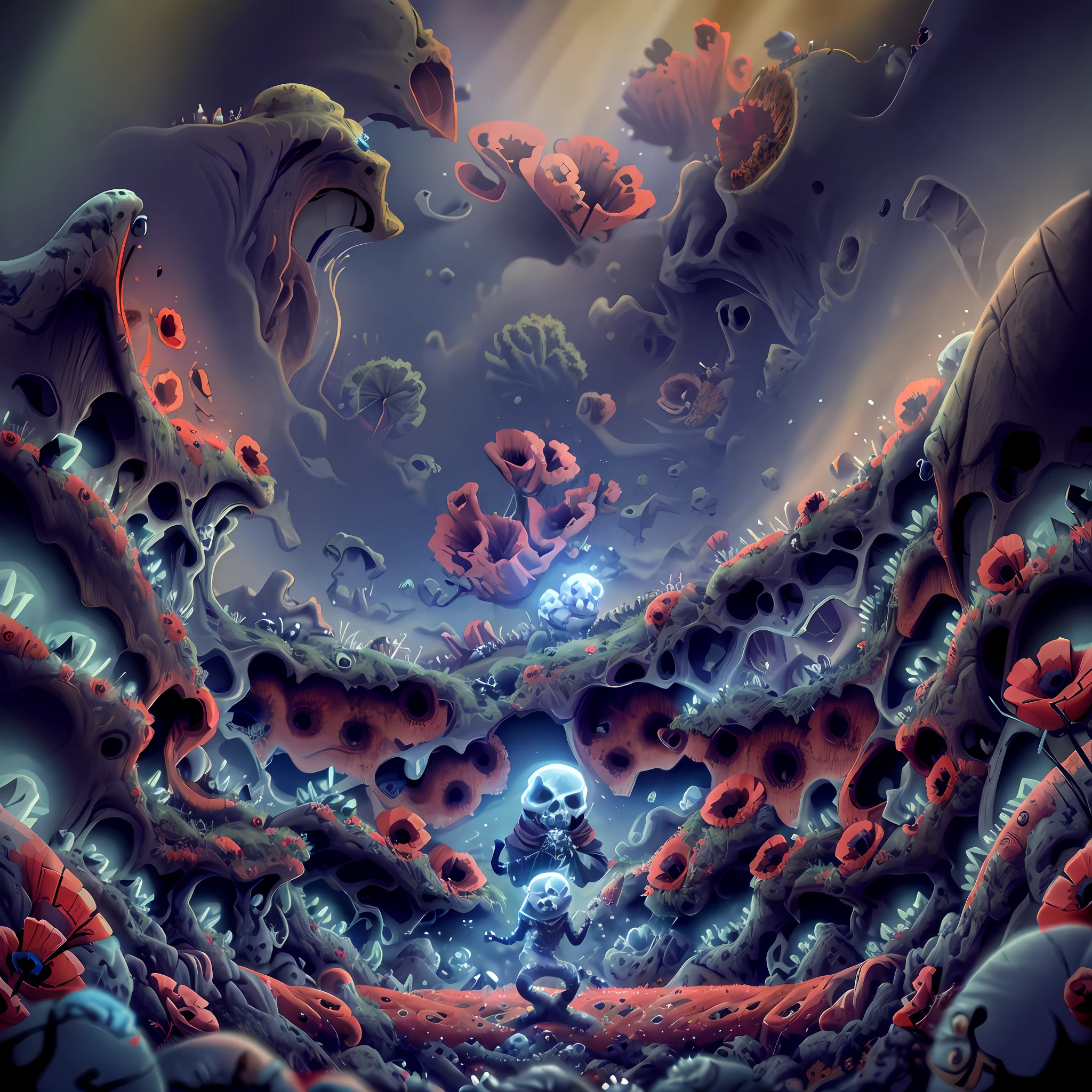 Create a skull-shaped band lead character, singing in a poppy field to an audience of zombies. Abstract art