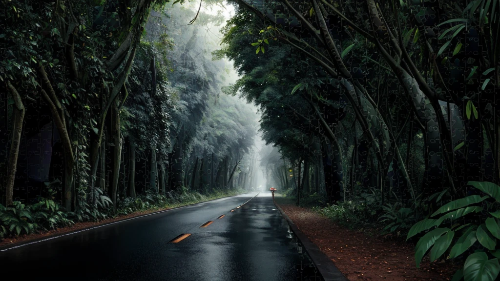((landscape puzzle)), jungle, heavy rainfall, monochromatic, vines around, huge wet tree, masterpiece, top quality, high quality, highly detailed CG unity 8k wallpaper, oil painting, award-winning photo, bokeh , Depth of Field, HDR, Floral, Chromatic Aberration, Photorealistic, Highly Detailed, Trending in artstation, Trending in CGsociety, Complex, High Detail, Dramatic, Art on the Road, Volumetric Lighting. Image size: 960x536