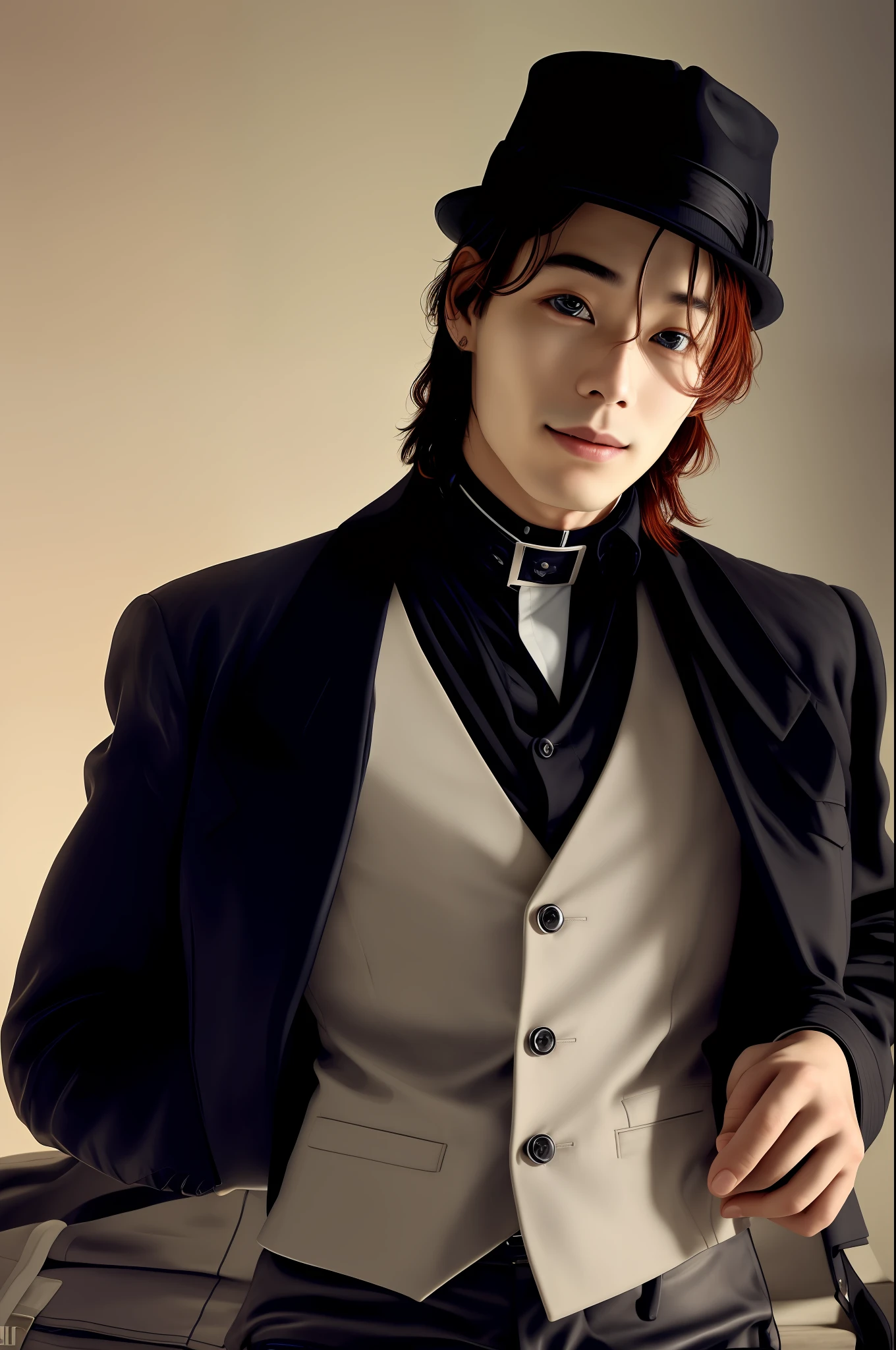 1boy, solo, (masterpiece, ultra quality, high resolution, 8k, intricate: 1.2), (detailed face:1.2), handsome, Young Korean man ,white skin, double eyelids , detailed skin, 1boy, ((realistic)), male focus, ((realistic)), ((pale skin)), , hunk, handsome,1boy, orange hair,nakahara chuuya,long hair,hat, grey eyes, choker, deep eyes,vest, looking at viewer, smile, fedora, jacket on shoulders, (masterpiece), (best quality:1),