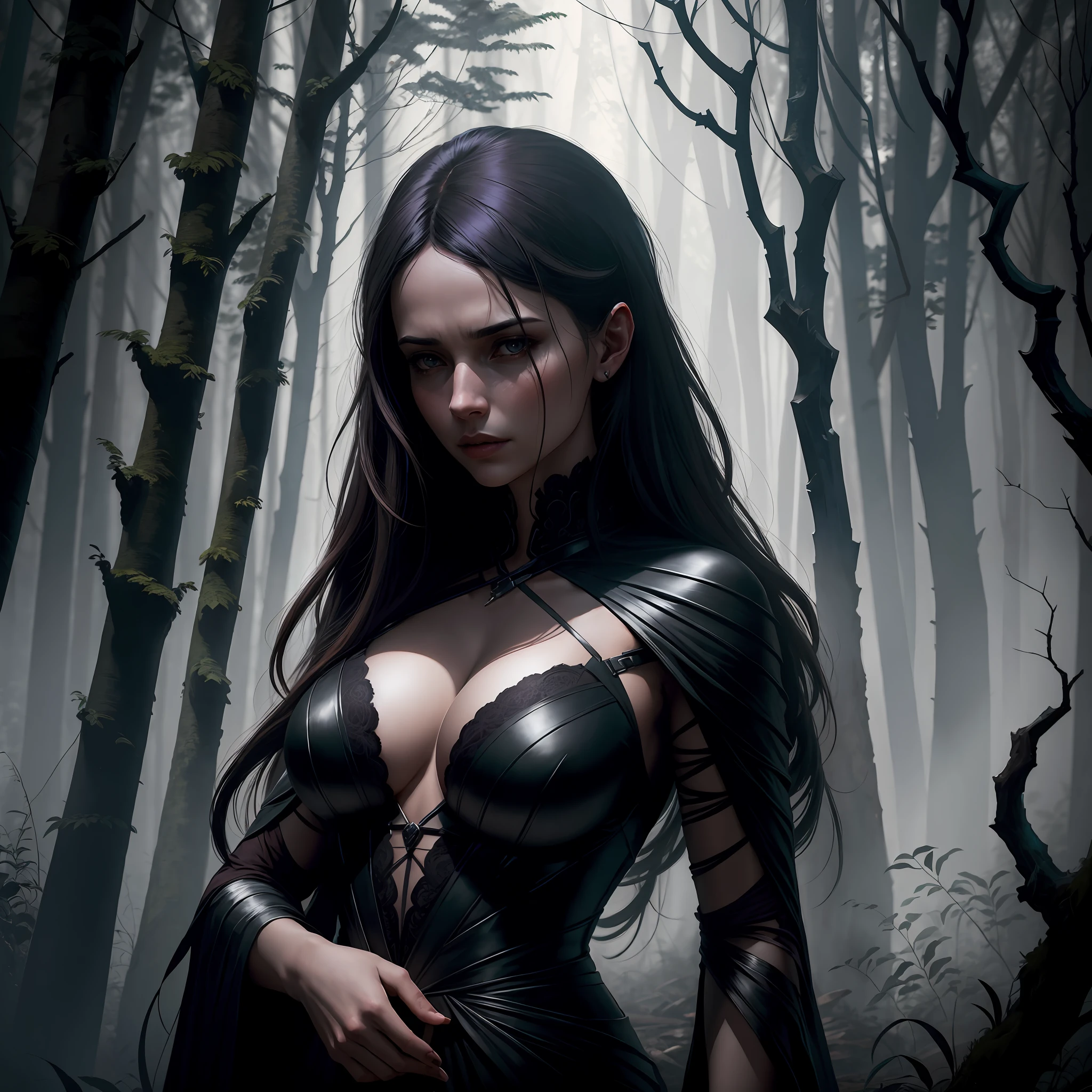 "It portrays the image of a Mysterious Woman, inspired by the style of Greg Rutkowski, on a background of Dark Forest. Her Enigmatic Expression is enhanced by a dark and moody atmosphere (atmosphere:1.2). (en)"