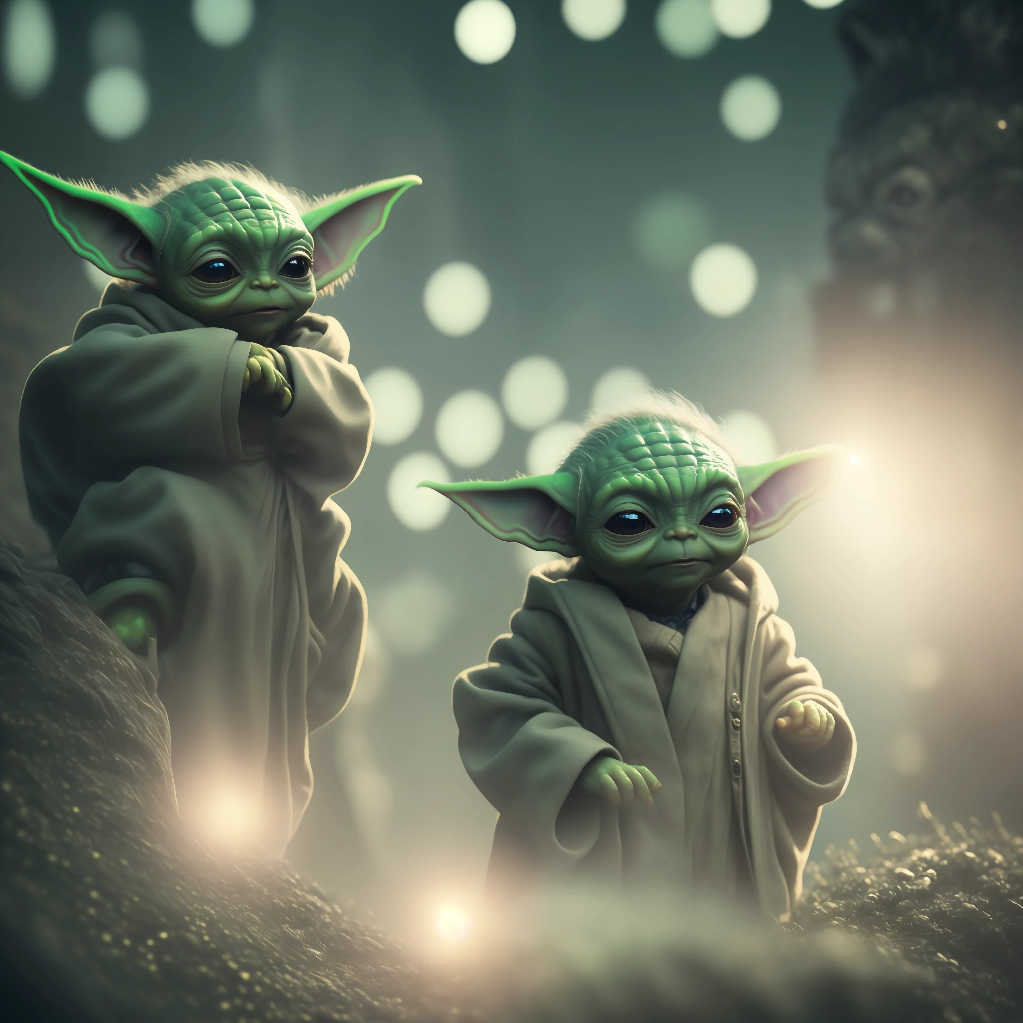 portrait of  yoda as palnd, cinematic shot, perfect, epic, cinematic, intricate details, award-winning, excellent lighting, shading, high quality, detailed, Steven Spilberg style, sculpture, Neon lights, by Claude Monet, by Salvador Dali, Unreal Engine , Close-up perspective, Made of plastic, DSLR camera, Fog filter, Fantasy scene --chaos 70 --seed 2525252525 --no --Duplicate heads, --duplicated characters --iw 0 --h 2034 --quality 2 --w 128 --ar 16:9 --version 4 --stylize 2500