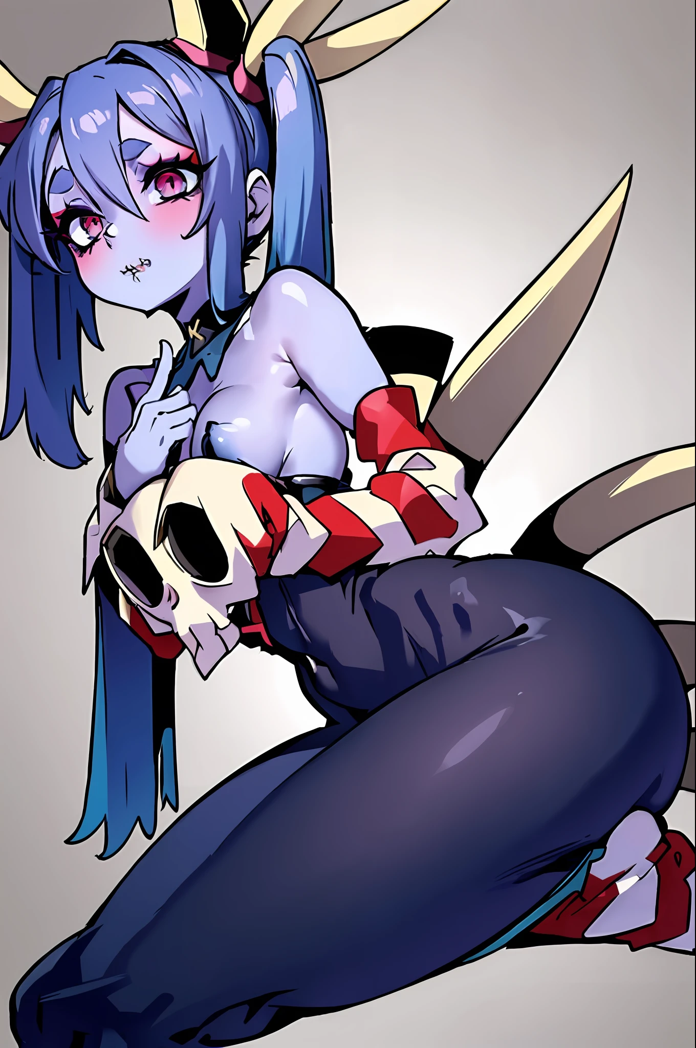 wavy, 1 li, solo, small breasts, looking at viewer, bare shoulders, open sleeves, hair over one eye, red eyes, side ponytail, a ponytail, loose collar, skull, ((blue skin)), stitches, zombie, striped sleeves, stitched mouth, extremely detailed, highly detailed, perfect face, beauty, perfect eyes ((skeletal arm, vivid tails, big butt, big lips)), baggy eyes, makeup, big eyelashes, cute, adorable , serious, ((leviathan: 1.3)), full body, in lingerie, ecchi anime style, full body art, ecchi style, anime character, kneeling