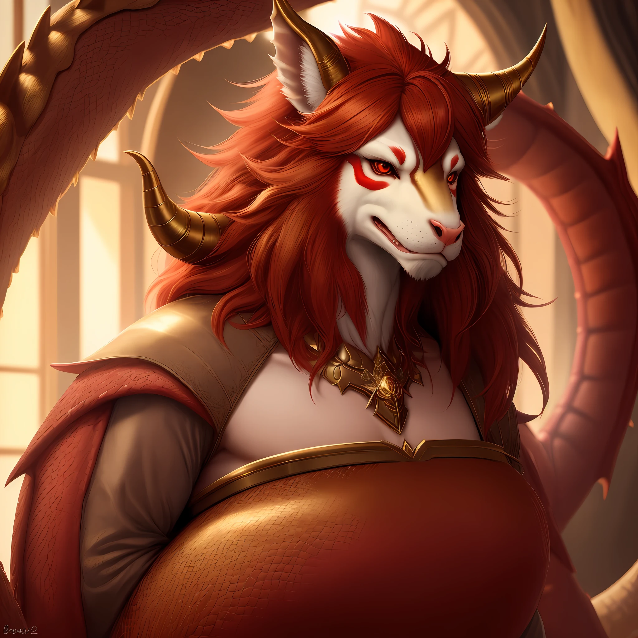 genesis, anthro, dragon, medium red hair with gold highlights, nose horn, long fluffy fur