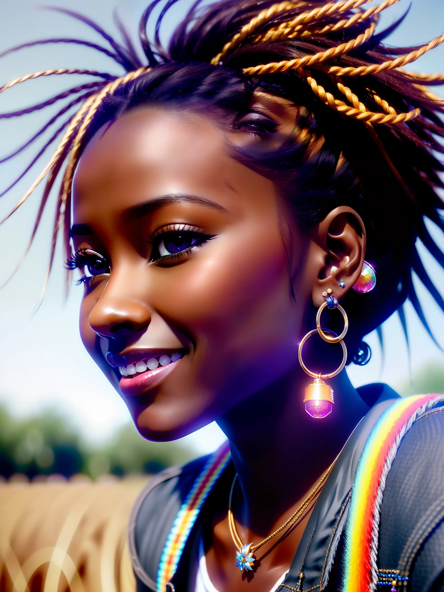 realistic portrait of 1 year old girl ((dark skin color)) cute, african american, chibi, cute smile, ((on a horse in the field)), wearing colorful t-shirt and jeans, current fashion, long hair tied up , ((bracelet, earrings)), background dark lighting, close-up, product view, detailed facial details, perfect face, sharpness, trend art, sharp facial details⁹, cgsociety, ultra-quality digital art, exquisite hyper details, 4k, 8k soft lighting, --iso 100 dreamy, fashion --ar 2:3