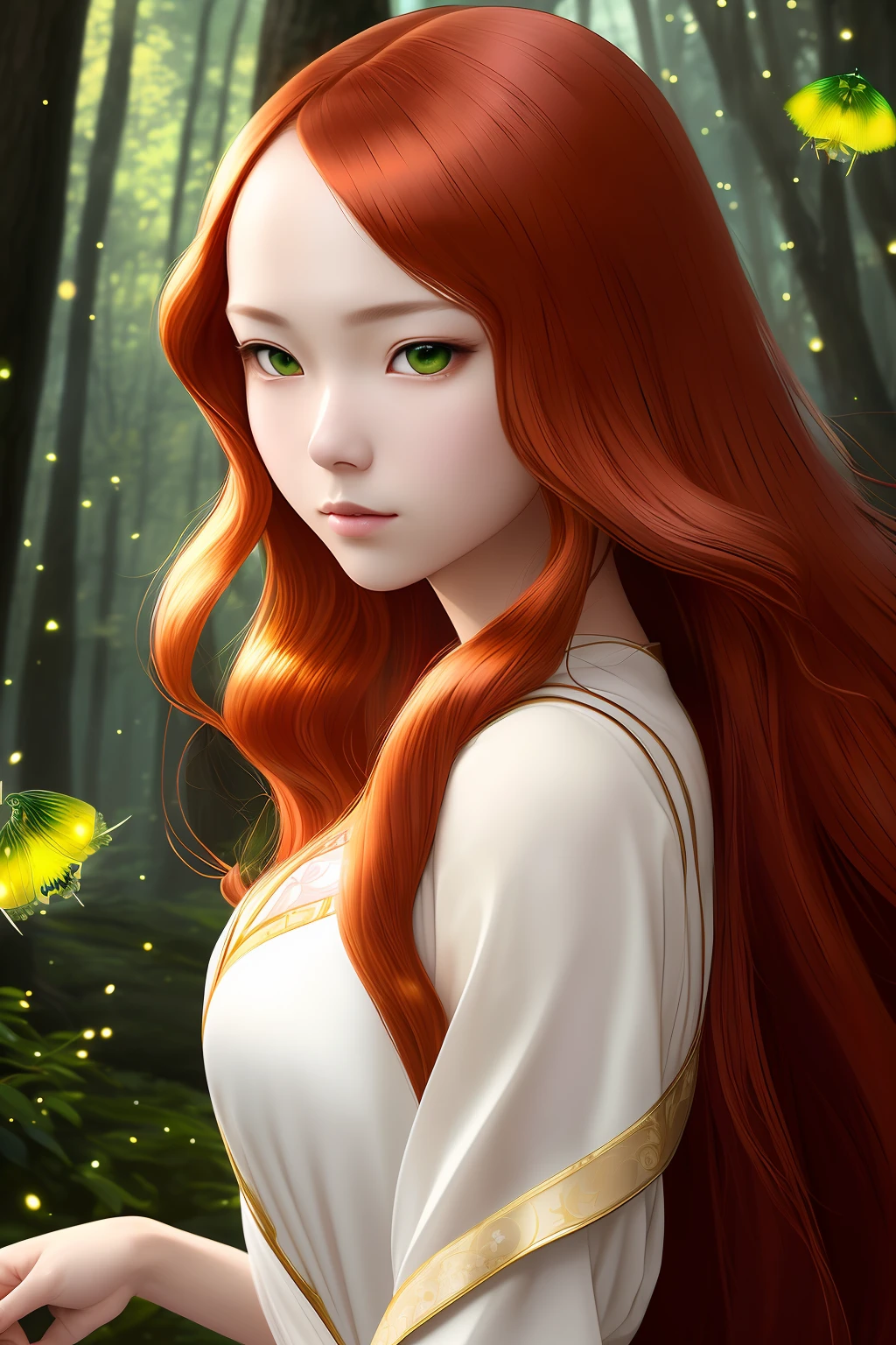 ((Best quality)), ((amazing art)), (detailed), (16k quality), ((anime style artgerm lau)), ((Wlop)), ((Sandro Botticelli)), ((background in high quality, detailing, fantasy)), a beautiful pretty girl with long red hair, green eyes, fair skin, wearing a white silk dress, forest background with glowing fireflies, dim dark linear harsh lighting, dim lighting.--v5