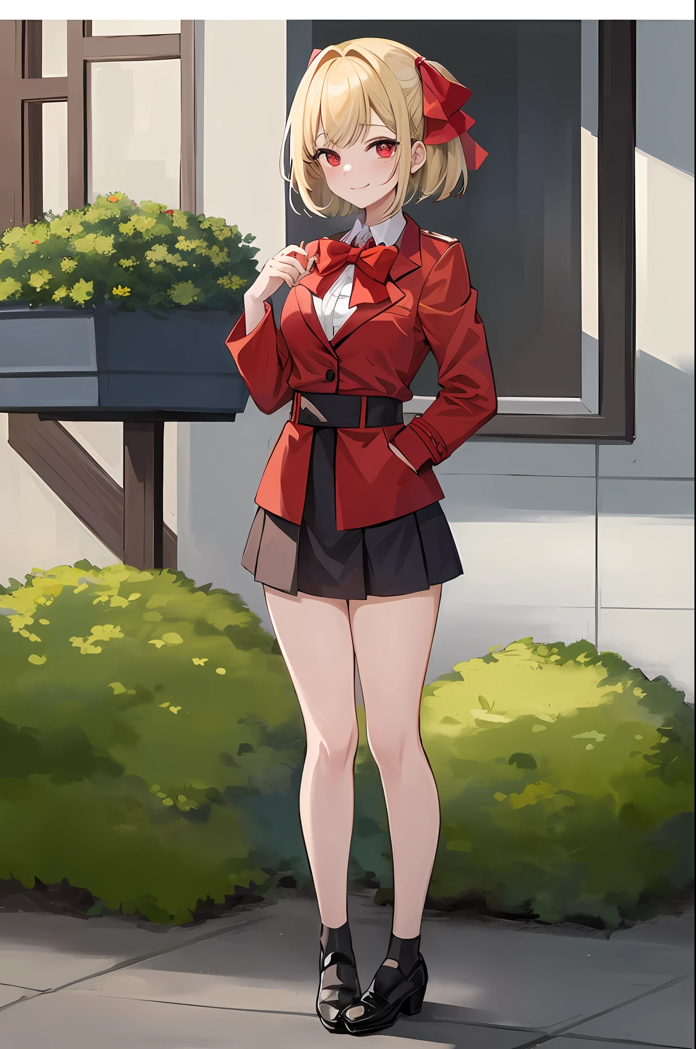 (masterpiece:1.2), (best quality:1.2), perfect lighting, 1girl, (masterpiece, best quality), chisato nishikigi, lycoris retreat, standing with hand on hip, city backdrop, smiling, looking at viewer, daylight, short hair, bob hair, blonde hair, red lycoris uniform, red eyes, solo, anime girl in a red coat and skirt with a bow, yandere, anime moe artstyle, full body zenkai !