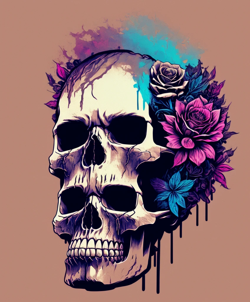 (a portrait of Cyberpunk Skull with fluid colored l:1), t-shirt logo in tapered thin outline style, orthographic view, artwork in (empty background:1.4)flowers in the background