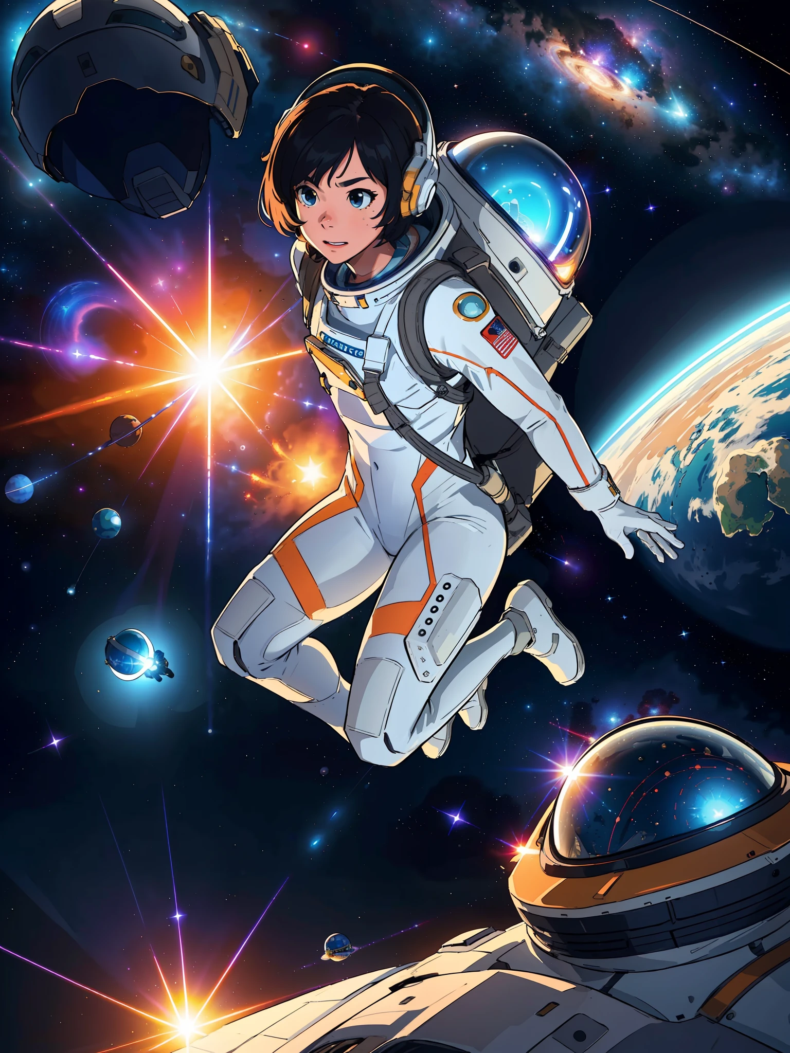 girl,astronaut,space,from_above,stars,jumping,serious,floating,afar,[spaceship:0.1],helmet,(jetpack),planets,colorful,lens_flare,flare (masterpiece,detailed,highres:1.4), (prettify:0.2)