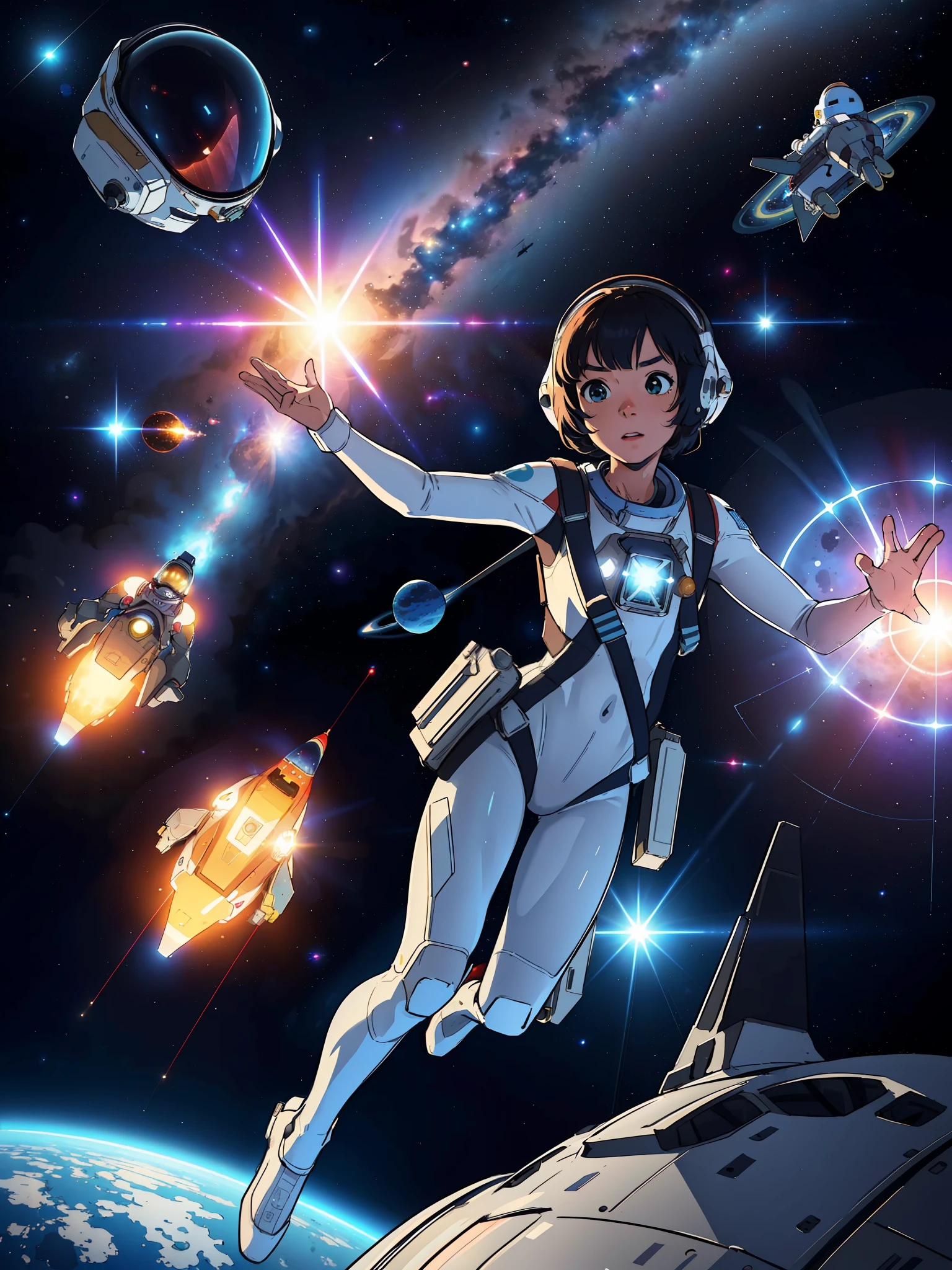 girl,astronaut,space,from_above,stars,jumping,serious,floating,afar,[spaceship:0.1],helmet,(jetpack),planets,colorful,lens_flare,flare (masterpiece,detailed,highres:1.4), (prettify:0.2)
