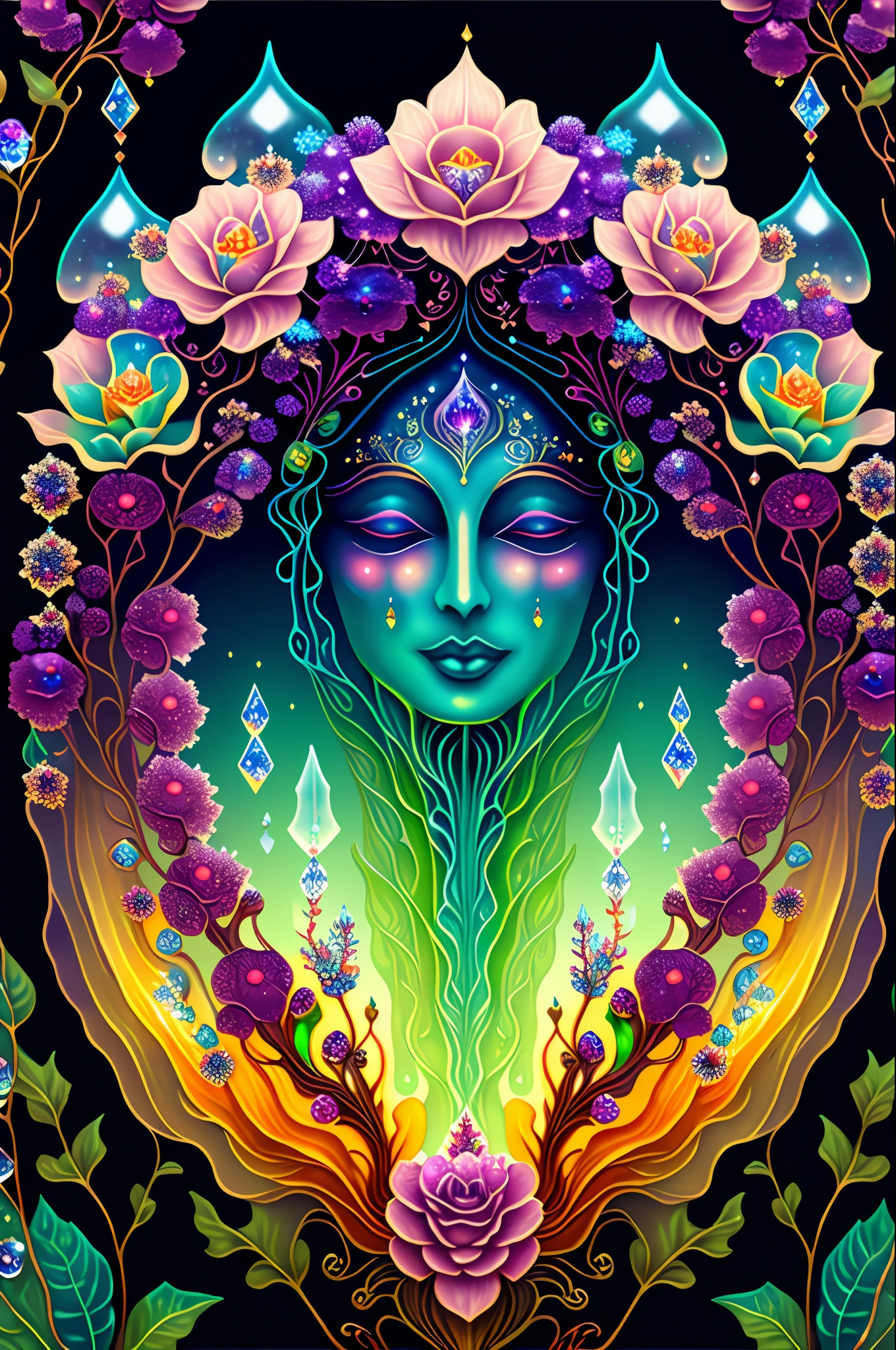 Rosen maiden, (masterpiece, best quality), (illustration),strange mycosis lush forest, transparent goo, caustics, crystals, close-up, intricate details, dark background, sparkling spores, rainbow crystals, dark
