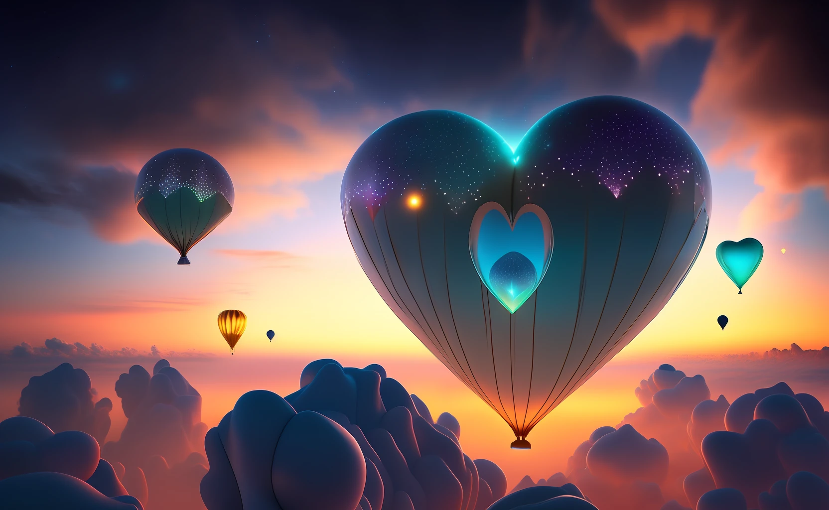 Step into a realm of ethereal beauty as you gaze upon a breathtaking photograph of small heart-shaped bioluminescent balloons floating above the clouds. This captivating image showcases a flawless composition, where every element is meticulously placed to create a visually stunning masterpiece. The intricate details of the balloons are brought to life with exceptional clarity, illuminating their enchanting glow against the backdrop of the sky. The composition adheres to the principles of the golden ratio, ensuring a harmonious and aesthetically pleasing arrangement. This artwork is a true testament to creativity and imagination, captivating viewers with its otherworldly charm. The photograph is expertly captured in mesmerizing 4K resolution, allowing every viewer to appreciate the intricate beauty and artistic essence of this scene