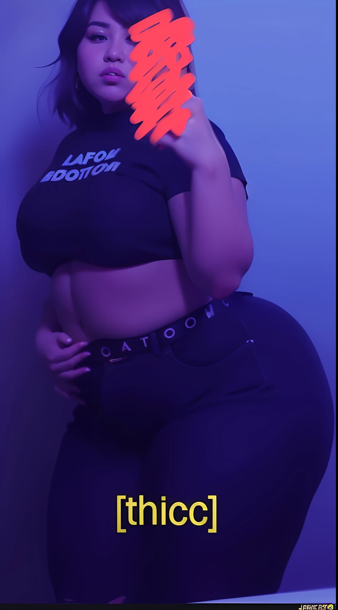 there is a woman that is holding a cell phone up to her face, thicc, she has a jiggly fat round belly, her belly is fat and round, thick, thick body, half body cropping, neon edges on bottom of body, middle shot waist up, her belly button is exposed, skinny waist and thick hips, profile image, full body picture