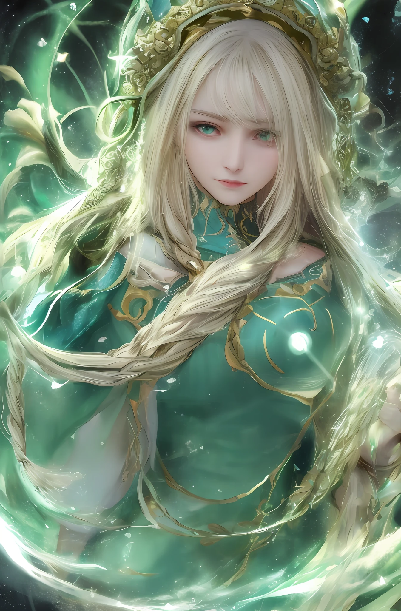 best quality, masterpiece, upper body,
(adult:1.6) ukrainian woman, (smirk:0.4),
braided blonde hair,
emerald eyes,
medieval sundress,
floating light particles, centered,