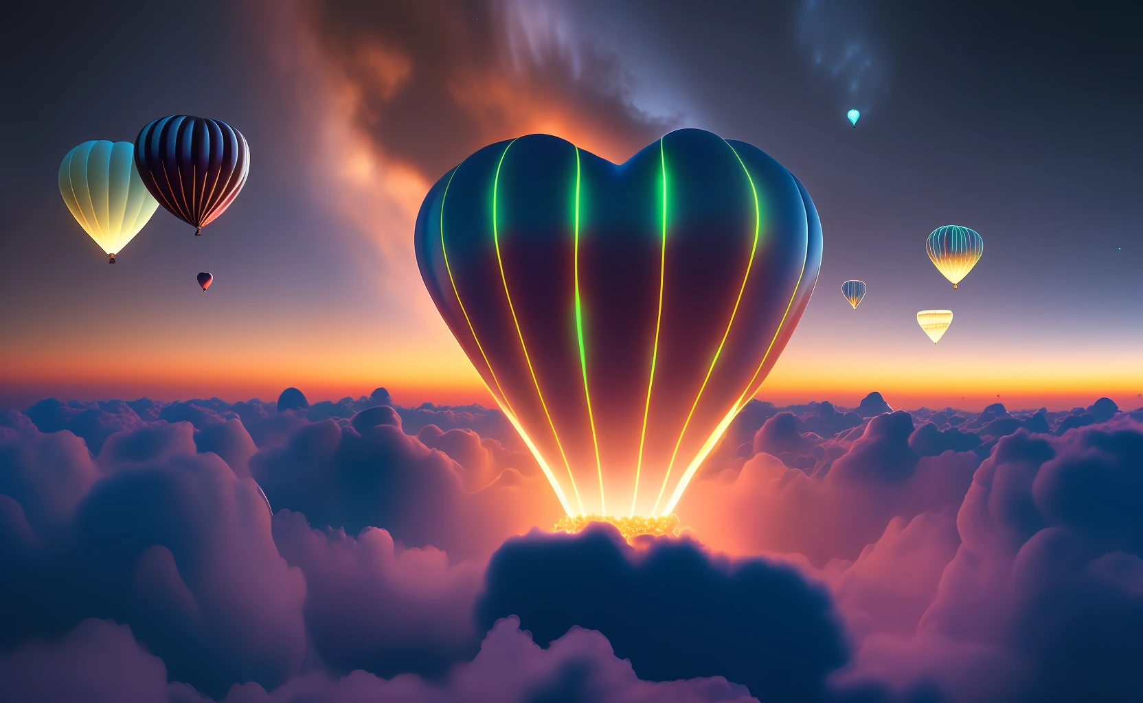 Step into a realm of ethereal beauty as you gaze upon a breathtaking photograph of small heart-shaped bioluminescent balloons floating above the clouds. This captivating image showcases a flawless composition, where every element is meticulously placed to create a visually stunning masterpiece. The intricate details of the balloons are brought to life with exceptional clarity, illuminating their enchanting glow against the backdrop of the sky. The composition adheres to the principles of the golden ratio, ensuring a harmonious and aesthetically pleasing arrangement. This artwork is a true testament to creativity and imagination, captivating viewers with its otherworldly charm. The photograph is expertly captured in mesmerizing 4K resolution, allowing every viewer to appreciate the intricate beauty and artistic essence of this scene