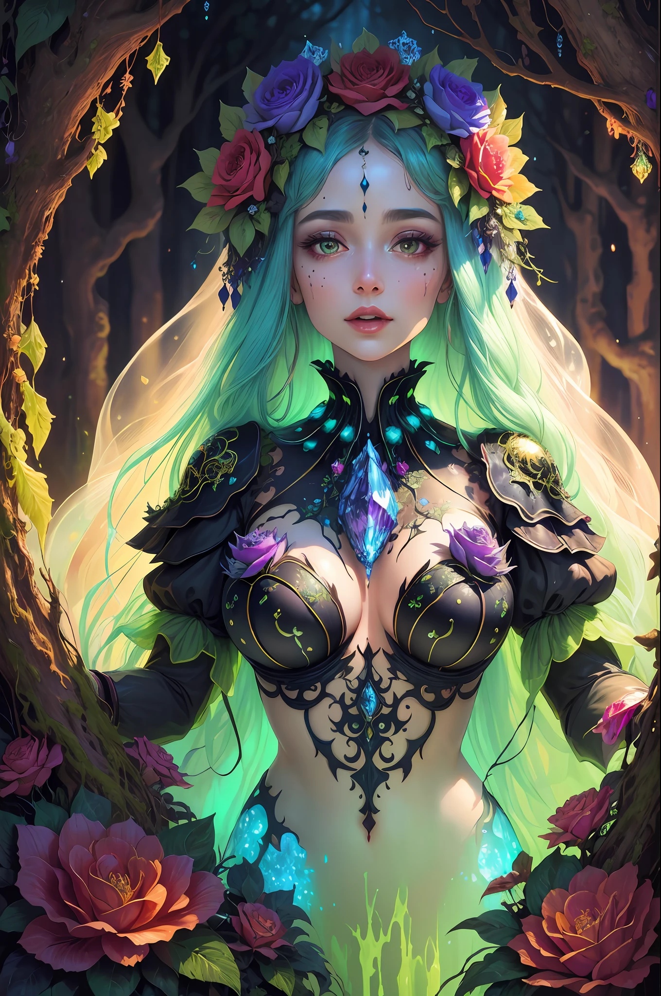 Rosen maiden, (masterpiece, best quality), (illustration),strange mycosis lush forest, transparent goo, caustics, crystals, close-up, intricate details, dark background, sparkling spores, rainbow crystals, dark