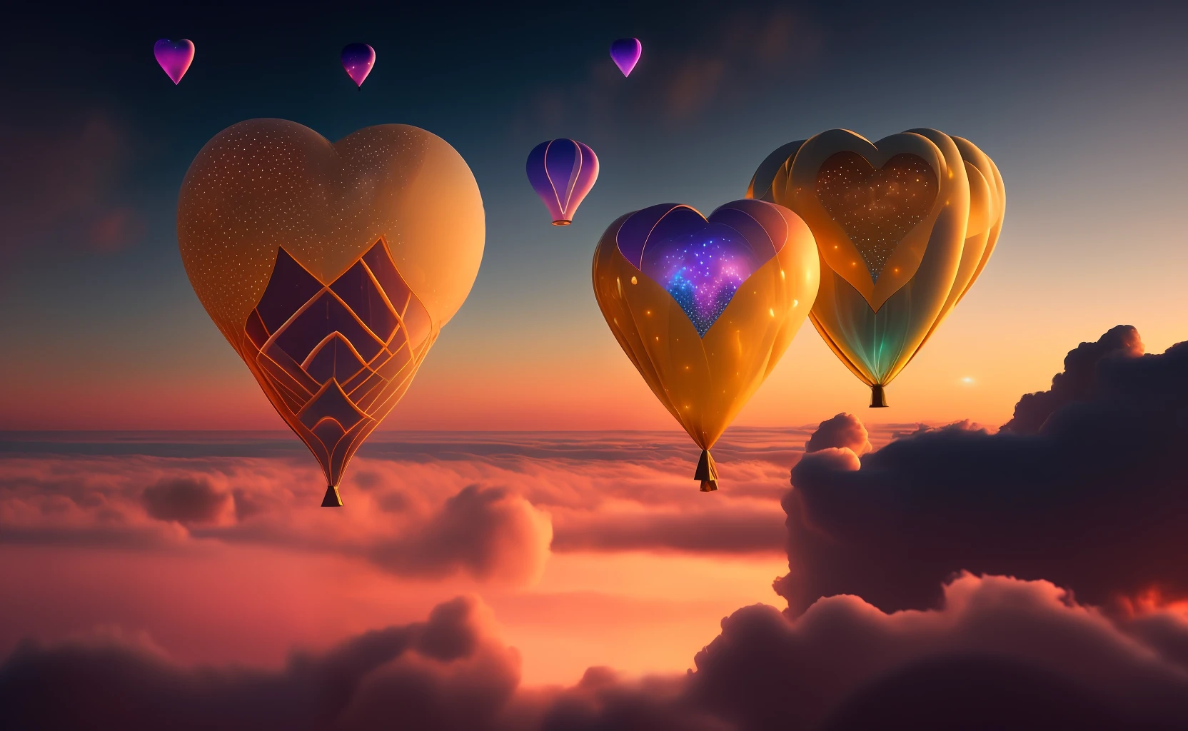 Step into a realm of ethereal beauty as you gaze upon a breathtaking photograph of small heart-shaped bioluminescent balloons floating above the clouds. This captivating image showcases a flawless composition, where every element is meticulously placed to create a visually stunning masterpiece. The intricate details of the balloons are brought to life with exceptional clarity, illuminating their enchanting glow against the backdrop of the sky. The composition adheres to the principles of the golden ratio, ensuring a harmonious and aesthetically pleasing arrangement. This artwork is a true testament to creativity and imagination, captivating viewers with its otherworldly charm. The photograph is expertly captured in mesmerizing 4K resolution, allowing every viewer to appreciate the intricate beauty and artistic essence of this scene