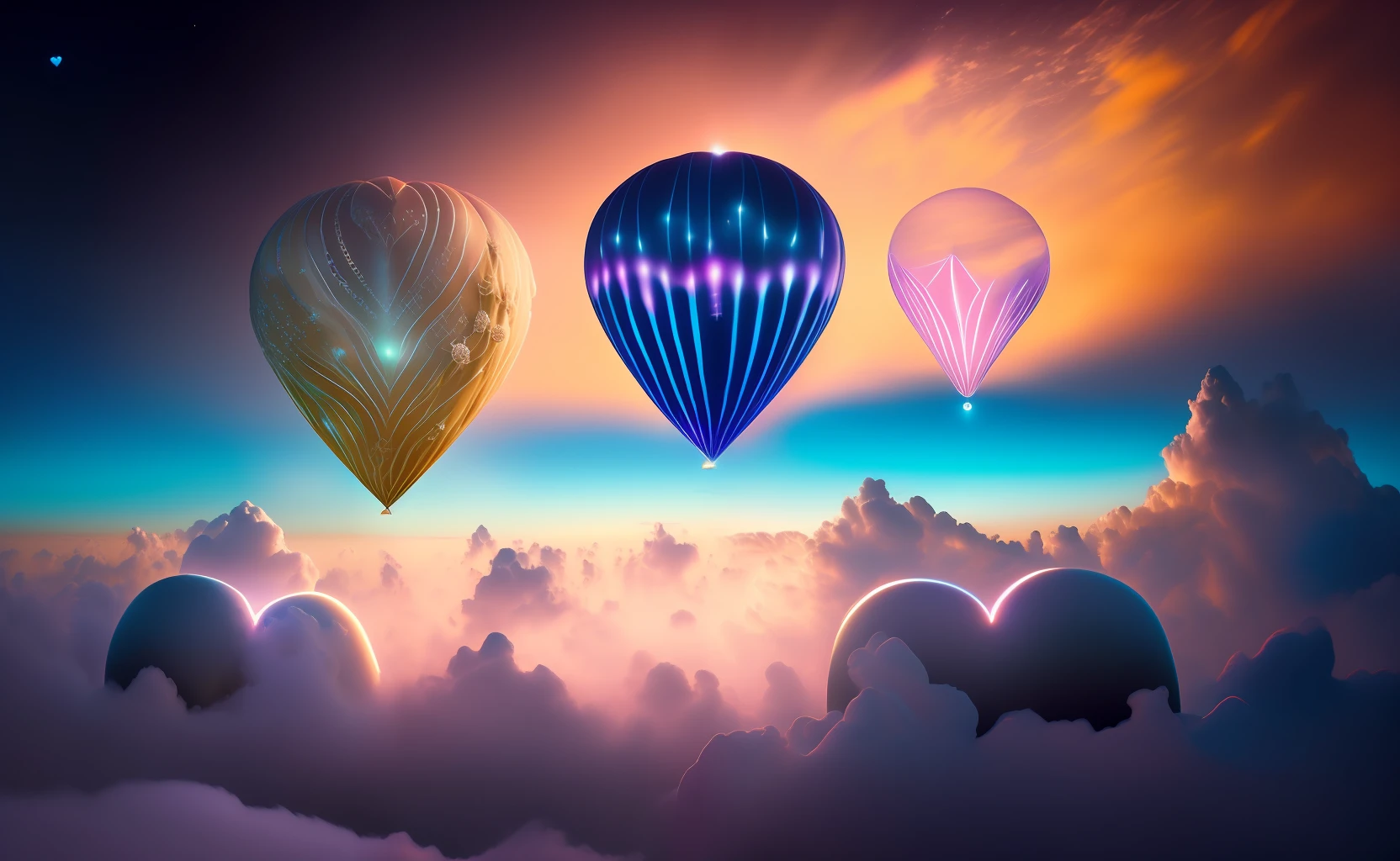 Step into a realm of ethereal beauty as you gaze upon a breathtaking photograph of small heart-shaped bioluminescent balloons floating above the clouds. This captivating image showcases a flawless composition, where every element is meticulously placed to create a visually stunning masterpiece. The intricate details of the balloons are brought to life with exceptional clarity, illuminating their enchanting glow against the backdrop of the sky. The composition adheres to the principles of the golden ratio, ensuring a harmonious and aesthetically pleasing arrangement. This artwork is a true testament to creativity and imagination, captivating viewers with its otherworldly charm. The photograph is expertly captured in mesmerizing 4K resolution, allowing every viewer to appreciate the intricate beauty and artistic essence of this scene