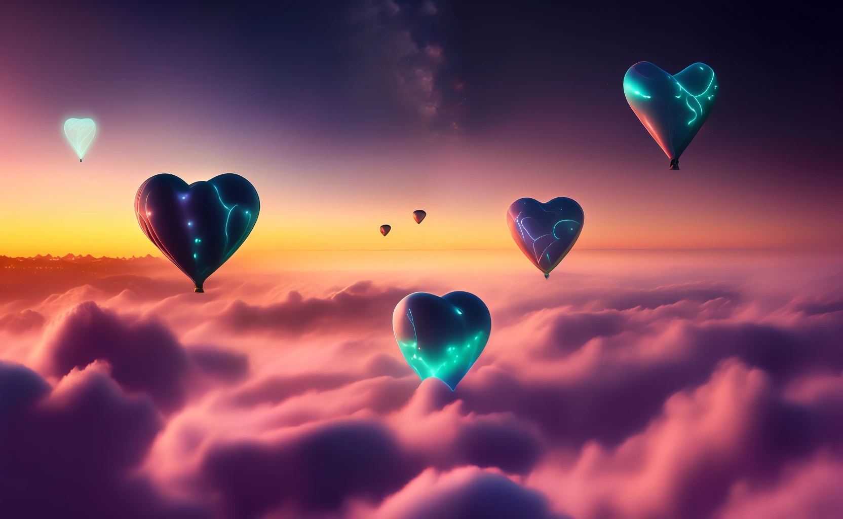 Step into a realm of ethereal beauty as you gaze upon a breathtaking photograph of small heart-shaped bioluminescent balloons floating above the clouds. This captivating image showcases a flawless composition, where every element is meticulously placed to create a visually stunning masterpiece. The intricate details of the balloons are brought to life with exceptional clarity, illuminating their enchanting glow against the backdrop of the sky. The composition adheres to the principles of the golden ratio, ensuring a harmonious and aesthetically pleasing arrangement. This artwork is a true testament to creativity and imagination, captivating viewers with its otherworldly charm. The photograph is expertly captured in mesmerizing 4K resolution, allowing every viewer to appreciate the intricate beauty and artistic essence of this scene