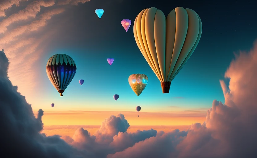 Prepare to be mesmerized as you witness a breathtaking photograph capturing the beauty of small heart-shaped bioluminescent balloons floating above the clouds. This captivating image features a flawless composition, meticulously arranged to create an artistic masterpiece. Every intricate detail of the balloons, from their delicate shape to their mesmerizing glow, is showcased with exceptional clarity. The composition adheres to the principles of the golden ratio, ensuring a visually pleasing and harmonious arrangement. This artwork transcends reality, evoking a sense of awe and serenity. The photograph is expertly captured in mesmerizing 4K resolution, allowing viewers to fully immerse themselves in the enchanting ambiance of this extraordinary scene,