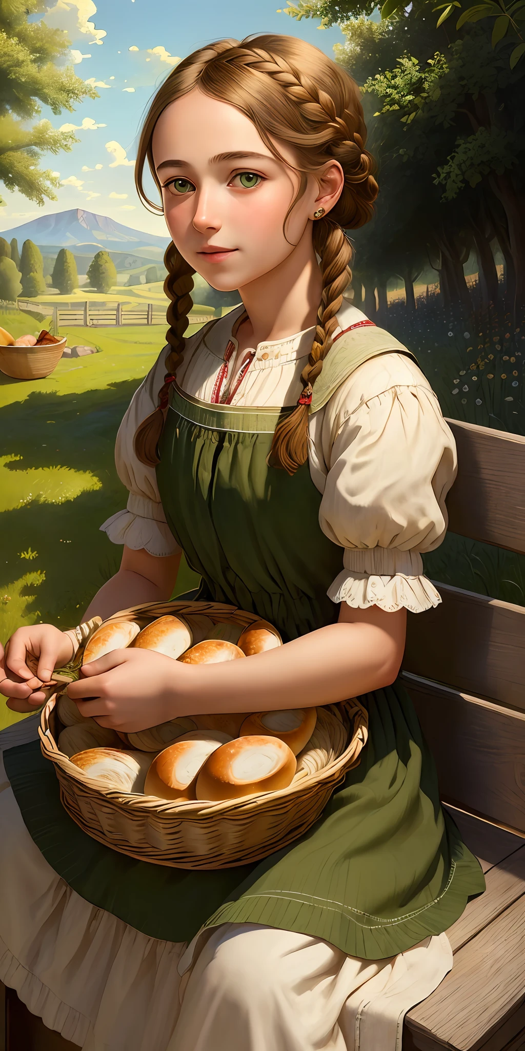 (((masterpiece))), (best quality), ultra-detailed, 8k CG illustration, (young peasant girl with braided hair, green eyes), peasant dress, farmhouse interior, wooden bench, bowl tableware, white ceramic cups, fresh bread, picnic basket, green trees in the distance, soft natural lighting.