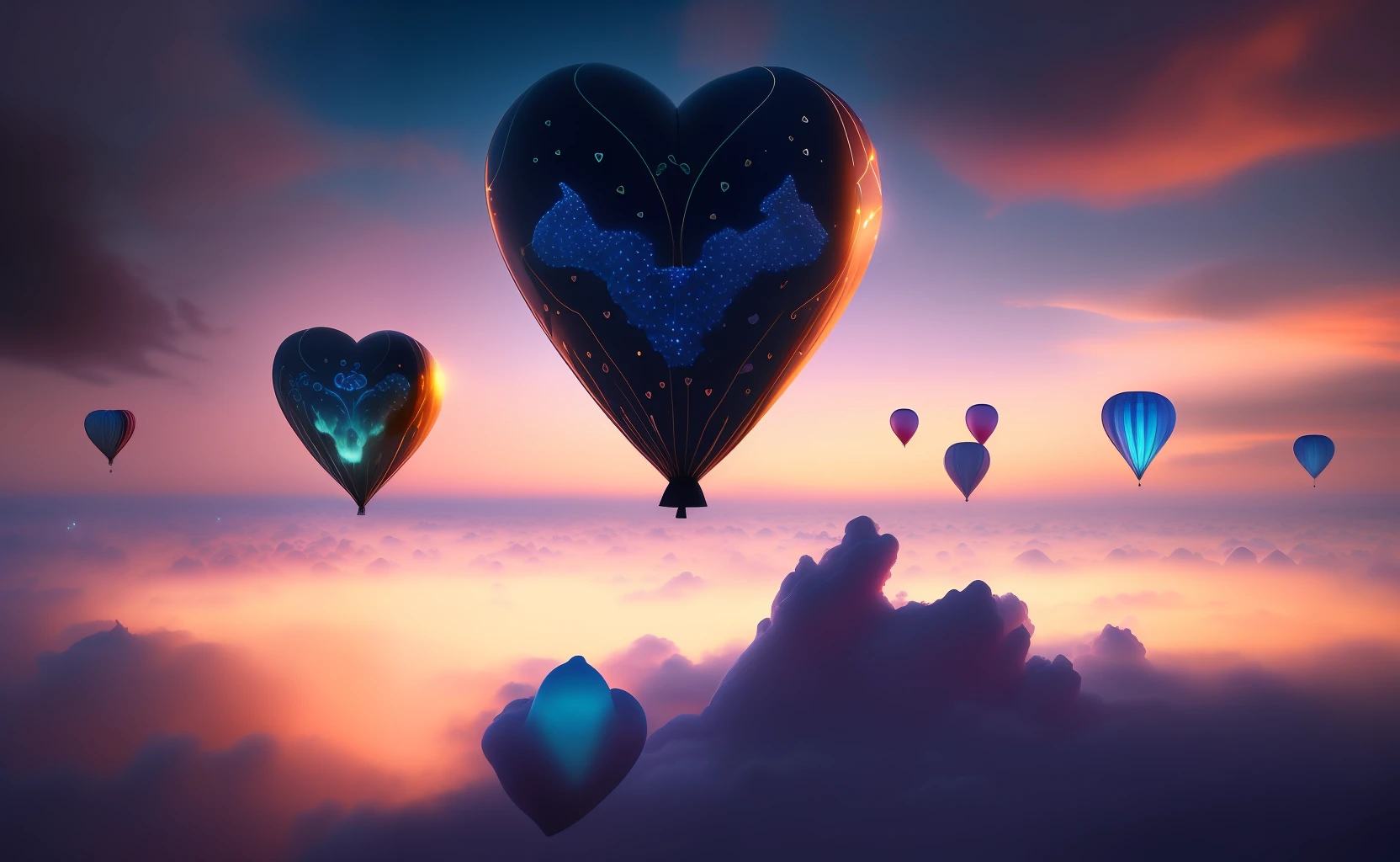 Step into a realm of ethereal beauty as you gaze upon a breathtaking photograph of small heart-shaped bioluminescent balloons floating above the clouds. This captivating image showcases a flawless composition, where every element is meticulously placed to create a visually stunning masterpiece. The intricate details of the balloons are brought to life with exceptional clarity, illuminating their enchanting glow against the backdrop of the sky. The composition adheres to the principles of the golden ratio, ensuring a harmonious and aesthetically pleasing arrangement. This artwork is a true testament to creativity and imagination, captivating viewers with its otherworldly charm. The photograph is expertly captured in mesmerizing 4K resolution, allowing every viewer to appreciate the intricate beauty and artistic essence of this scene