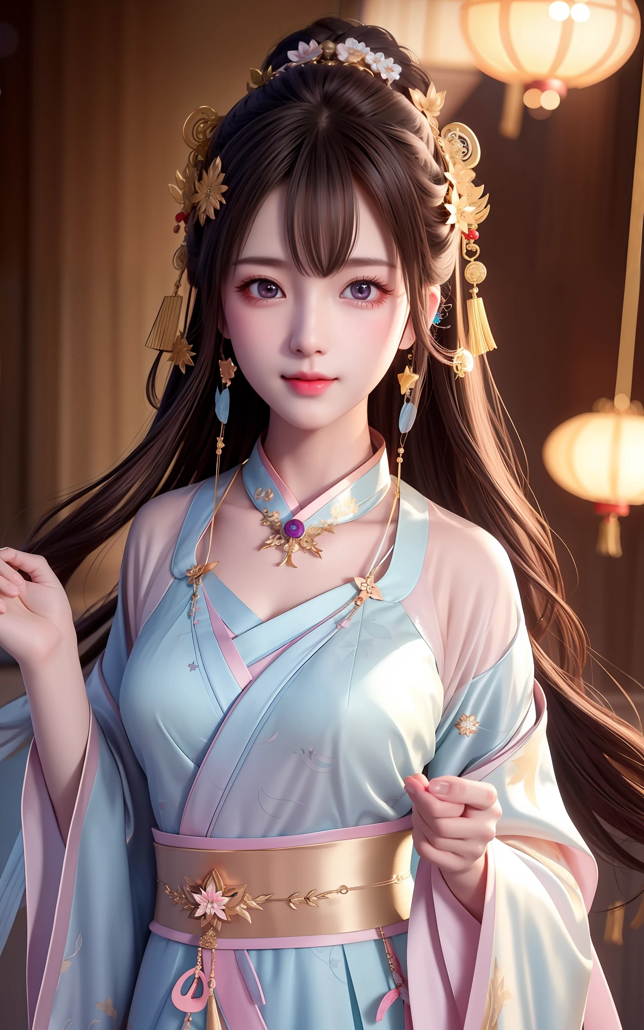 best quality, masterpiece, highres, 1girl,blush,(seductive smile:0.8),star-shaped pupils,china hanfu,hair ornament,necklace, jewelry,Beautiful face,upon_body, tyndall effect,photorealistic, dark studio, rim lighting, two tone lighting,(high detailed skin:1.2), 8k uhd, dslr, soft lighting, high quality, volumetric lighting, candid, Photograph, high resolution, 4k, 8k, Bokeh