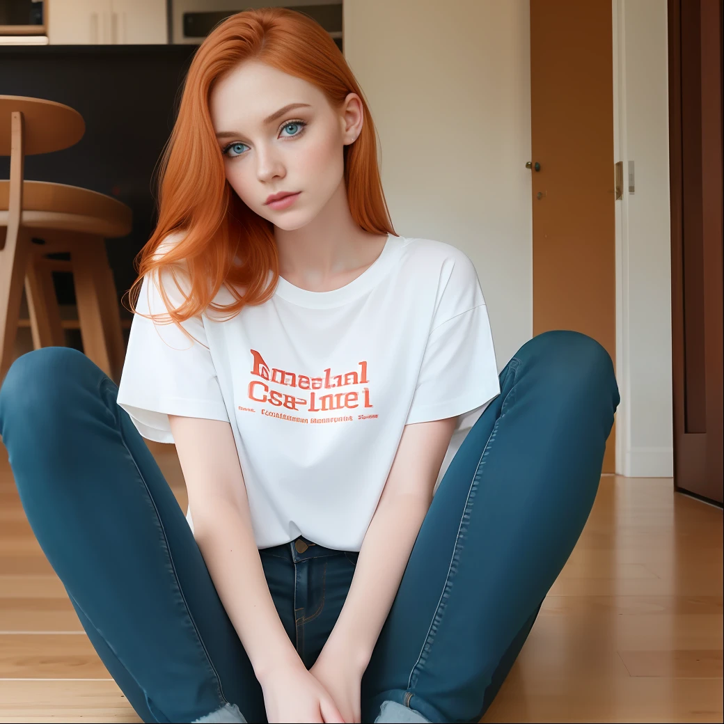 beautiful college pale girl sitting on te floor looking to the viewer, rose shirt, jeans pant, green eyes, healthy skinny, clean skin texture, small, little noose, sexy, natural ginger, insanely detailed eyes, skinny, sharp focus, 8 k high definition, insanely detailed, photorealistic, little neck, long lash, full lips