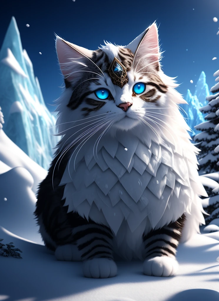 8k rendering,  ice mountain, intricate details, fantasy universe, intricate magical embroidery, very detail hair, very detail eyes, [elden ring|d & d] concept art, rpg portrait, octane render, cinematic lighting, (soft shadow:1.2), depth of field, splash art, art by wlop and greg rutkows,cute cat