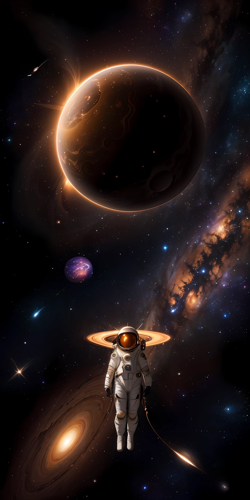 ((master)), ((best quality)), ultra-detailed CG unity 8k wallpaper, incredibly delicate and beautiful illustration, floating, high resolution, dynamic, ((1girl)), brown eyes, brown hair, astronaut suit, dark black background, stellar space, large white luminescent stars, a huge black hole in the background, colorful planets floating in a cosmic maelstrom.