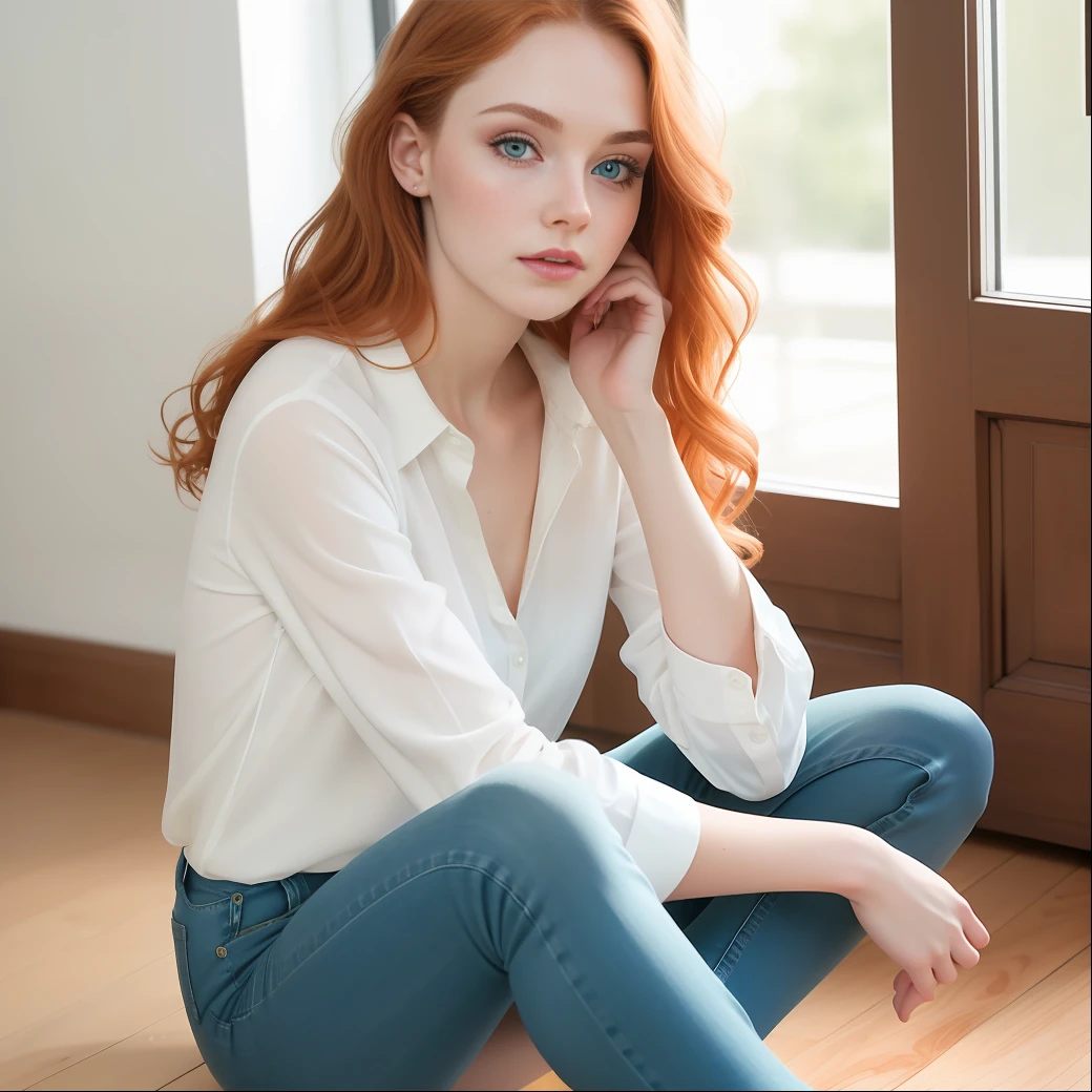 beautiful college pale girl sitting on te floor looking to the viewer, rose shirt, jeans pant, green eyes, healthy skinny, clean skin texture, small, little noose, sexy, natural ginger, insanely detailed eyes, skinny, sharp focus, 8 k high definition, insanely detailed, photorealistic, little neck, long lash, full lips