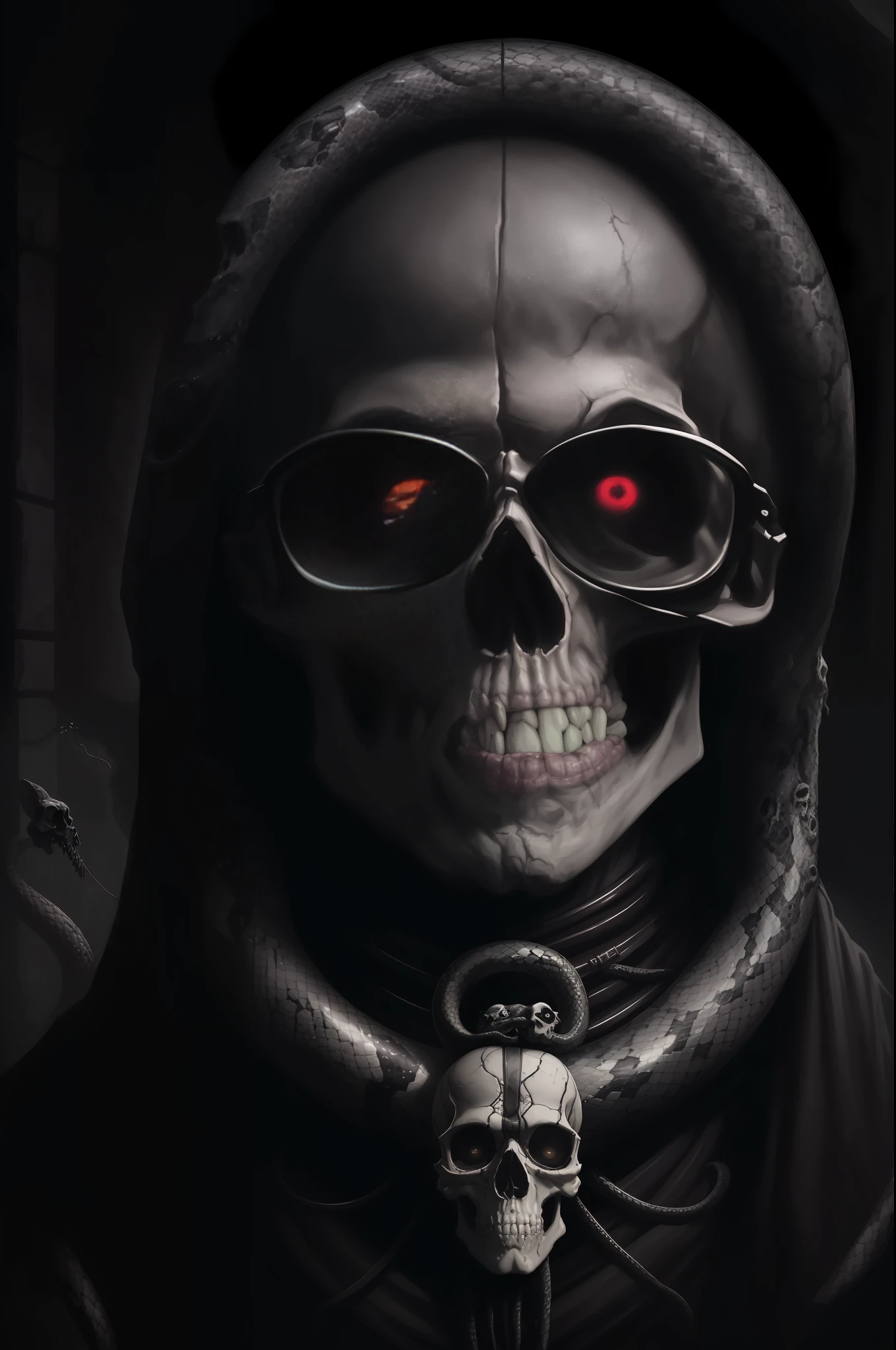 Portrait of a skull wearing glasses and a snake around its neck, horror fantasy art, fantasy horror art, dark fantasy horror art, detailed 4k horror art, stylish horror art, ghoulish art, macabre dug art stanat, horrible digital art, in a dark fantasy art style, dark but detailed digital art, dark fantasy art, horror concept art