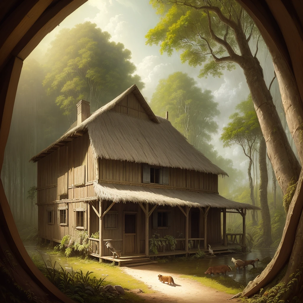 Masterpiece, best quality, (in the style of Jean-François Millet) There is an old house, there is a woman with indigenous traits from the Amazon, a small white wooden house, in the middle of the Amazon forest, seen from afar, canoe, dog, birds, biodiversity, forest, oil painting, light rain, realistic
