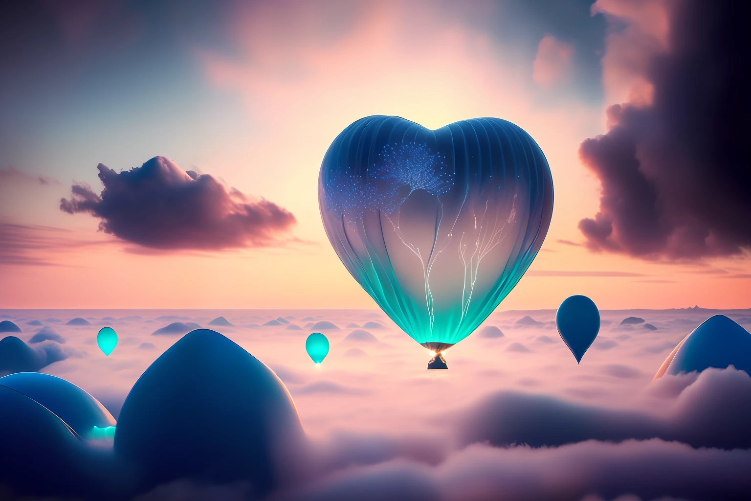 Enter a world of ethereal beauty as you behold a mesmerizing photograph capturing the delicate charm of small heart-shaped bioluminescent balloons floating gracefully above the clouds. This extraordinary image showcases a perfect composition, carefully crafted to create a visually stunning work of art. Every intricate detail of the balloons is showcased with exceptional clarity, highlighting their luminous glow and enchanting form. The composition adheres to the principles of the golden ratio, enhancing the overall aesthetic appeal. This artwork is a true testament to creativity and imagination, captivating viewers with its ethereal and serene atmosphere. The photograph is flawlessly captured in mesmerizing -