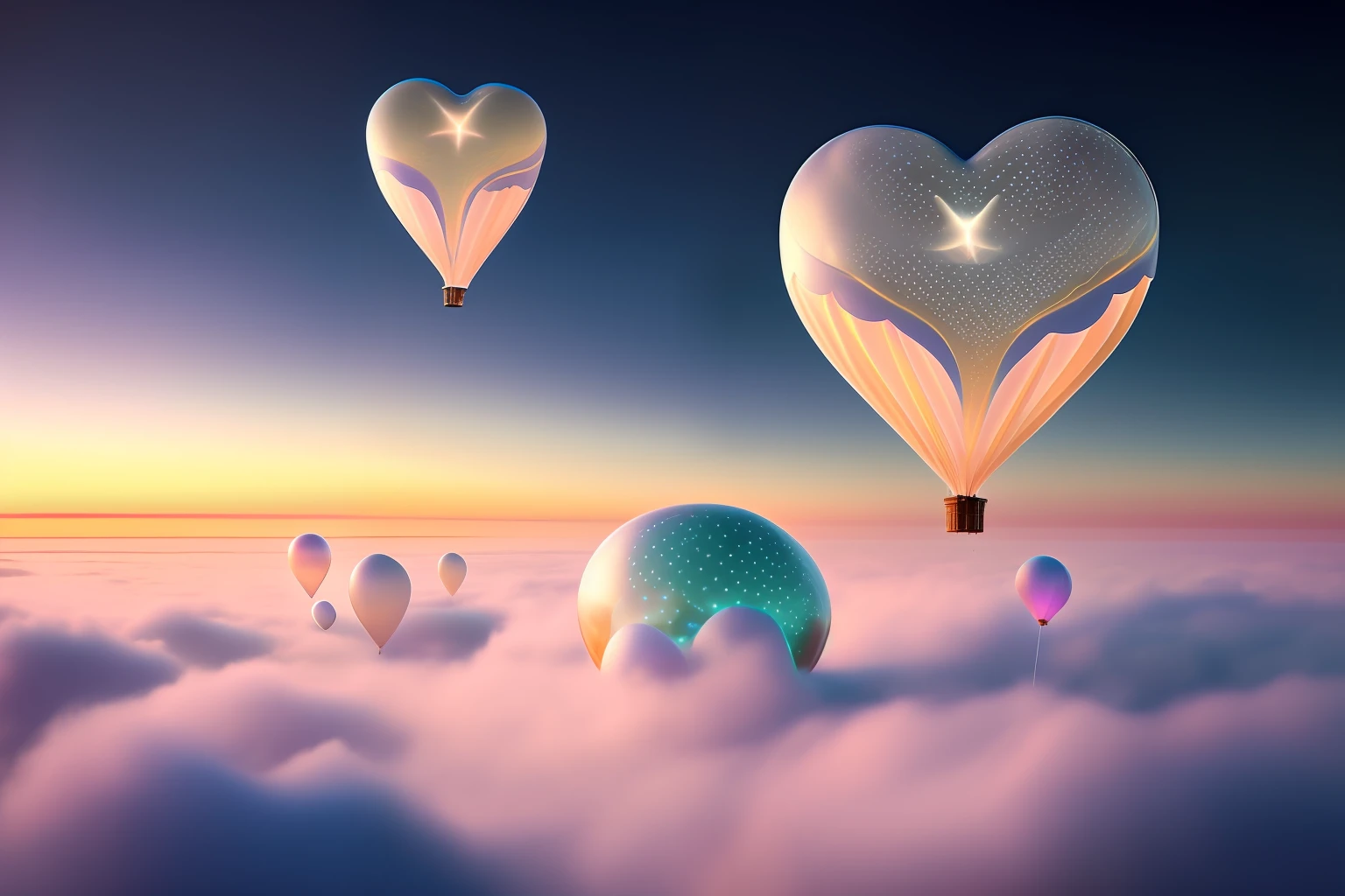 Enter a world of ethereal beauty as you behold a mesmerizing photograph capturing the delicate charm of small heart-shaped bioluminescent balloons floating gracefully above the clouds. This extraordinary image showcases a perfect composition, carefully crafted to create a visually stunning work of art. Every intricate detail of the balloons is showcased with exceptional clarity, highlighting their luminous glow and enchanting form. The composition adheres to the principles of the golden ratio, enhancing the overall aesthetic appeal. This artwork is a true testament to creativity and imagination, captivating viewers with its ethereal and serene atmosphere. The photograph is flawlessly captured in mesmerizing -