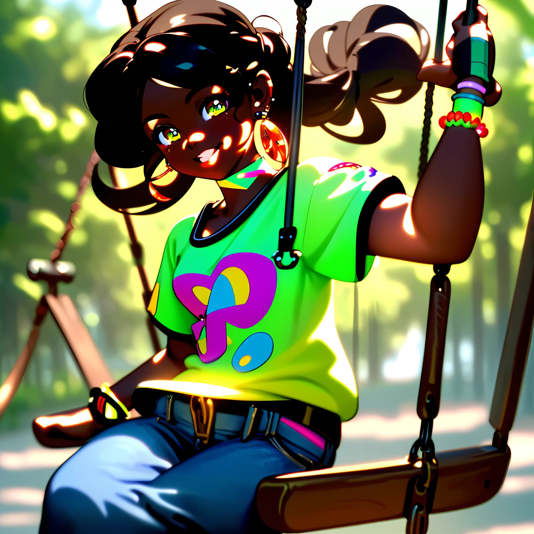 realism portrait of a 3 year old girl ((dark skin color)) cute, afro-futuristic, cute smile, ((on a swing)), wearing colorful T-shirt and jeans, current fashion, long hair tied up, ((bracelet , earrings)), background dark lighting, close-up, product view, detailed facial details, perfect face, sharpness, trend art, sharp facial details, cgsociety, ultra high quality digital art, hyper exquisite details, 4k, 8k lighting smooth, --iso 100 dreamy, fashion --ar 2:3