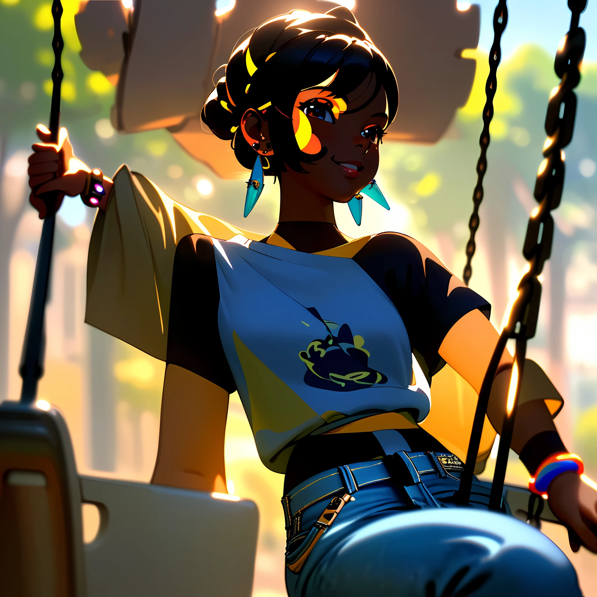 realism portrait of a 3 year old girl ((dark skin color)) cute, afro-futuristic, cute smile, ((on a swing)), wearing colorful T-shirt and jeans, current fashion, long hair tied up, ((bracelet , earrings)), background dark lighting, close-up, product view, detailed facial details, perfect face, sharpness, trend art, sharp facial details, cgsociety, ultra high quality digital art, hyper exquisite details, 4k, 8k lighting smooth, --iso 100 dreamy, fashion --ar 2:3