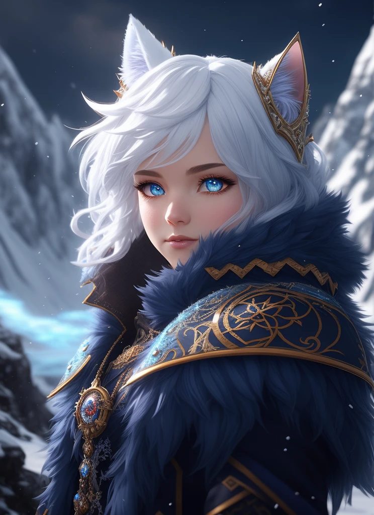 8k rendering,  ice mountain, intricate details, fantasy universe, intricate magical embroidery, very detail hair, very detail eyes, [elden ring|d & d] concept art, rpg portrait, octane render, cinematic lighting, (soft shadow:1.2), depth of field, splash art, art by wlop and greg rutkows,cute cat