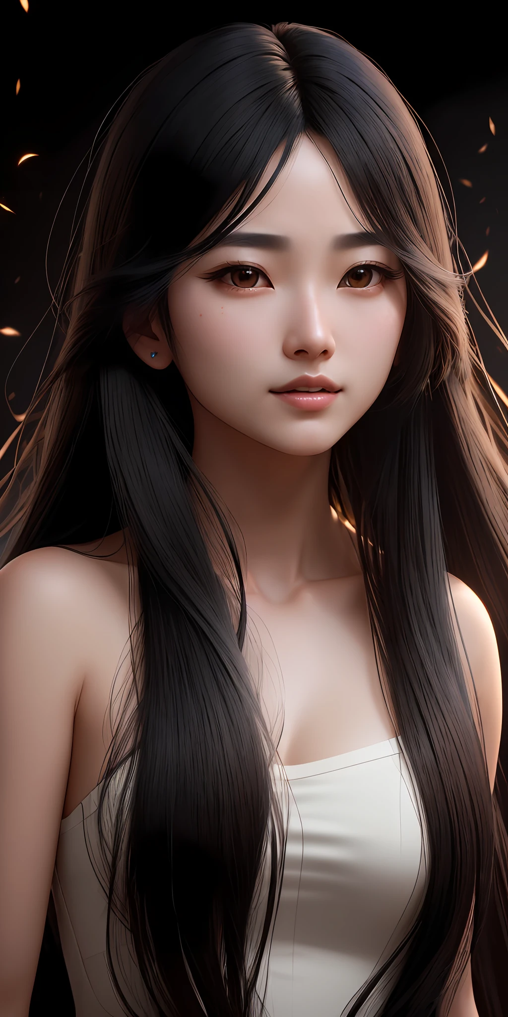 "(extremely detailed CG unity 8k wallpaper, masterpiece, best quality, ultra-detailed), (best illumination, best shadow, an extremely delicate and beautiful), high resolution, floating, (long black hair:1.3, origin: Asia), shy expression, clear skin tone, close up"