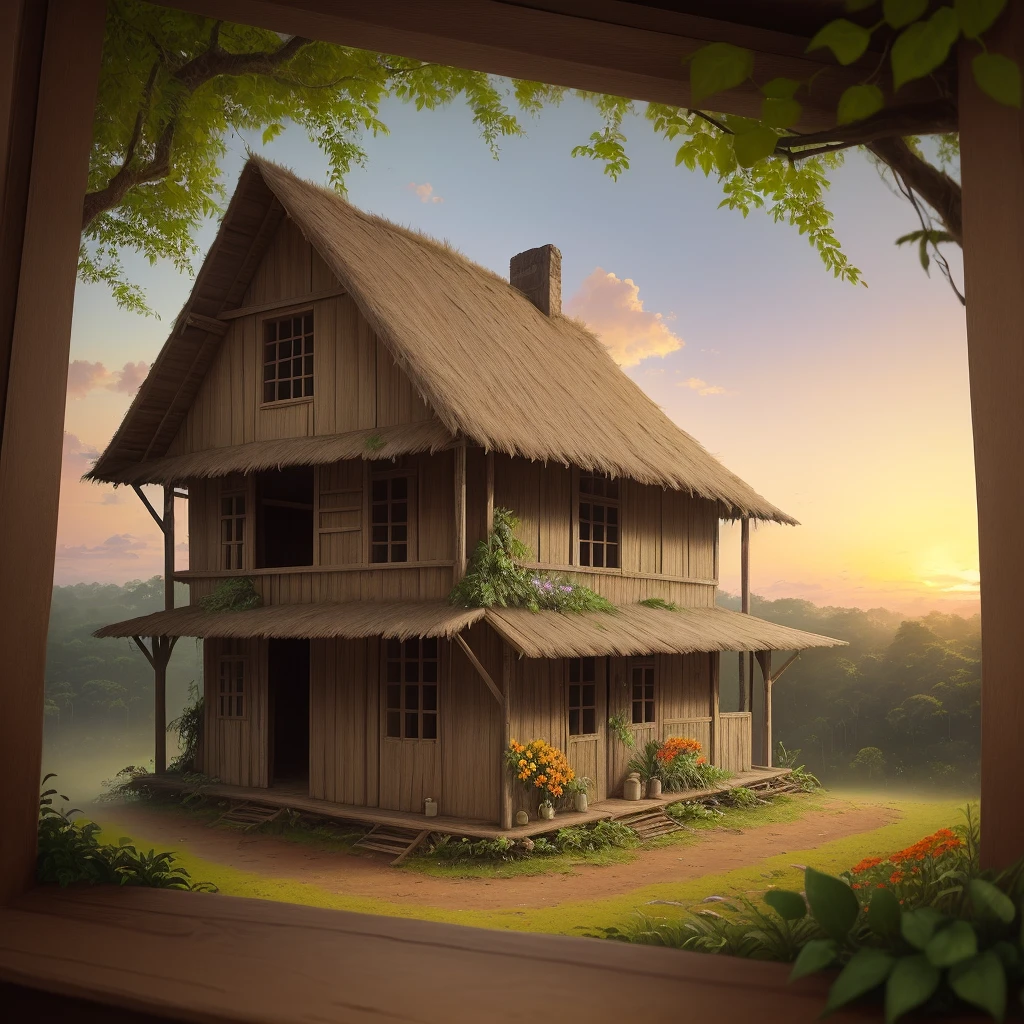 Masterpiece, best quality, (in the style of Jean-François Millet) There is an old house, there is a beautiful Amazon indigenous woman, small white wooden house, in the middle of the Amazon rainforest, seen from afar, birds, flowers , forest, oil painting, sunset