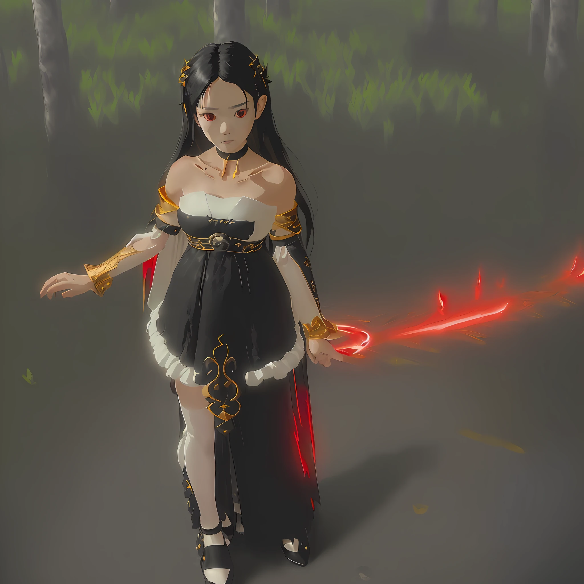 (((masterpiece))), (((red eyes))), (((petite))), (flat chest), (skinny), (slim legs), (small butt), (tight butt), (((very long hair))), (((((black hair))))), (((porcelin skin))), (asian girl), ((straight hair)), ((hair between eyes)), (white choker), jeweled choker, (see-thru shawl), ((black cape, black dress, white dress, two-tone dress, red frills)), (short dress), strapless dress, gold trim, detached long sleeves, bare shoulders, ((black thighhighs, black legwear, gold-trimmed legwear, red jewel trimmed legwear)), (yellow sandals), ((red leg ribbon, red ankle ribbon)), stoic, (((adorable))), (((warlock))), warlock_(ragnarok_online), (((ragnarok online))), hand raised, (casting magic), magic, (pyrokinesis), Breathtaking, Depth of field, Character Enhance, Perfect Anatomy, Norse Aesthetic, Brilliant Colors, (Intricate Detail), highres, (((Younger Female))), Beautifully detailed background, (((Background: forest))), (magical girl), (((first-rate flat chest))), ((adorable figure), (cute), ((gothic ta)), ((cocktail dress)), looking at viewer, (((((solo))))), (((alone))), human, (dutch angle)