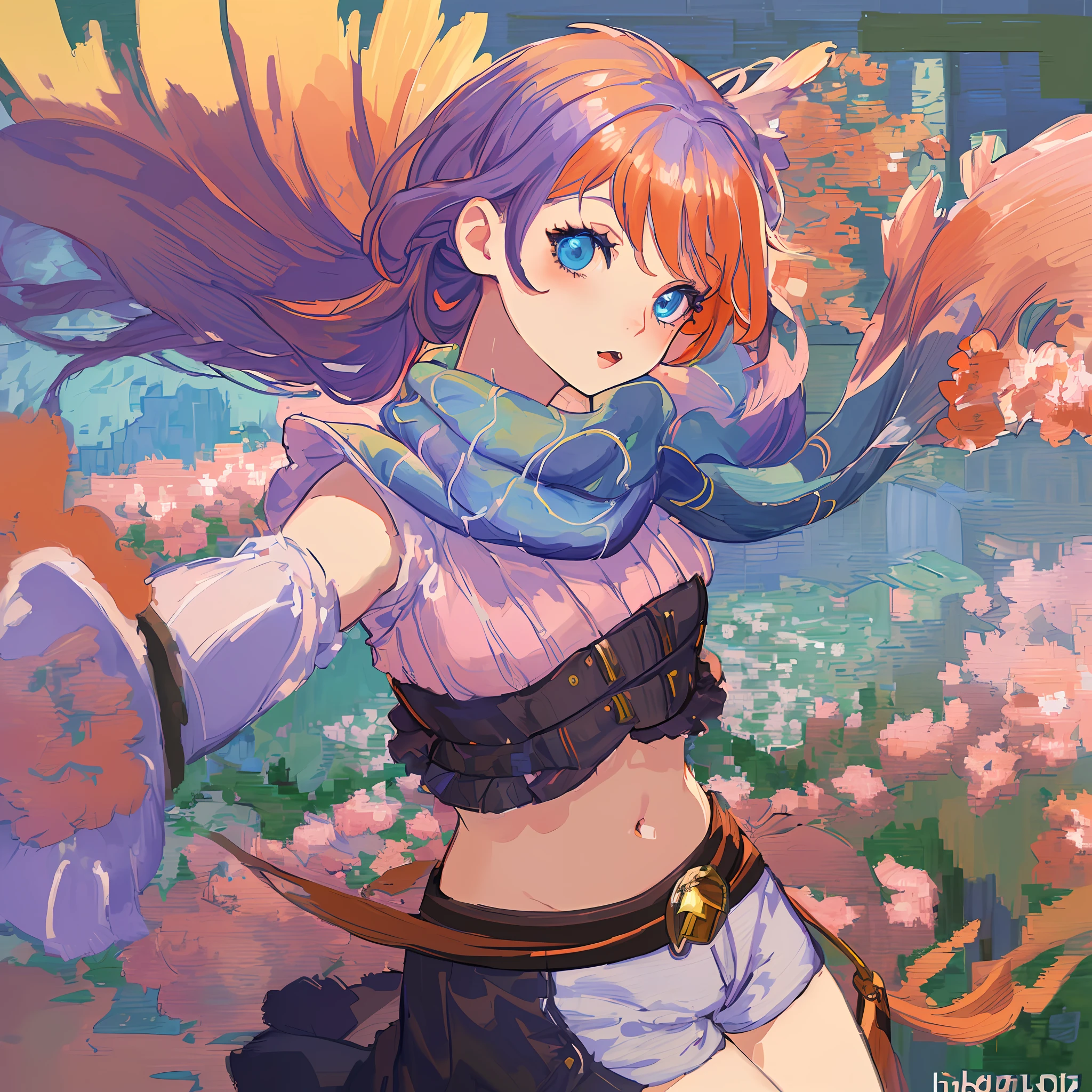 absurdres, incredibly absurdres, 1girl, zoe \(league of legends\), heterochromia, scarf, crop top, shorts, [light orange hair|purple hair], (impressionism:1.4), gradient hair, very long hair, navel, small breasts, (portrait), closeup to face, face focus