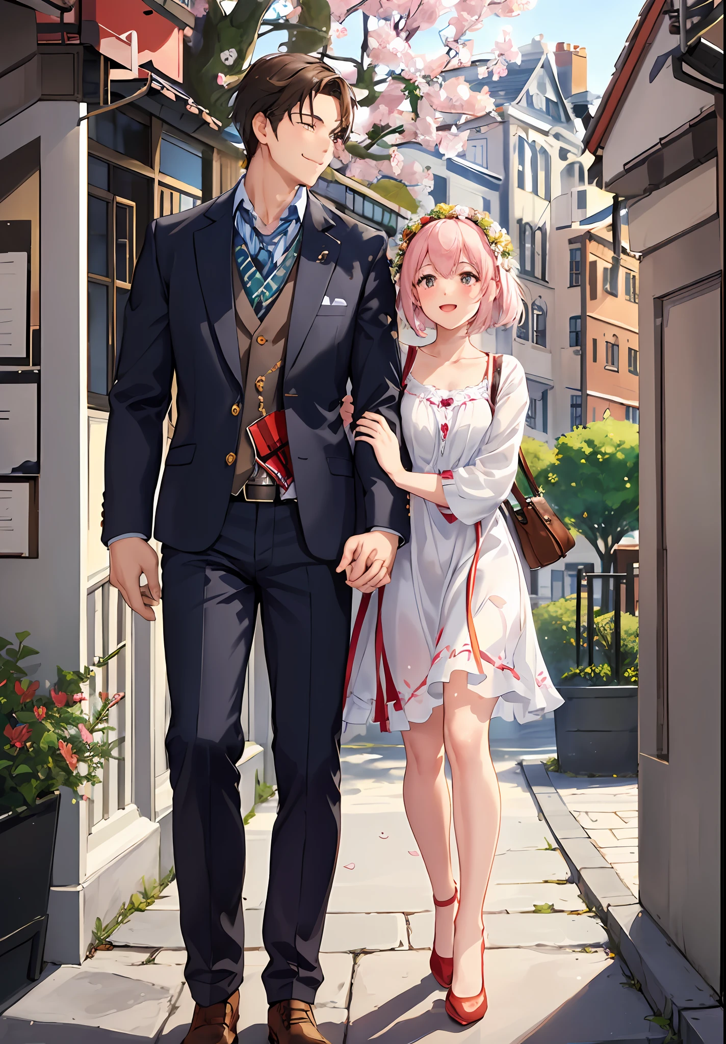 Scene: school campus, romantic atmosphere, sunshine, blue sky, trees, flowers, grass, fragrance, trails, buildings, tree-lined, laughter, joy, festive. Boy's description: handsome, handsome, bicycle, white shirt, light, breezy, sunny, confident, warm smile, focused gaze. Description of girls: pink dress, light, the fabric flutters with the wind, dreamy feeling, soft, sweet, white skin, happy smile, bright eyes, love, joy. Description of the background: campus buildings, white walls, red bricks and tiles, warmth, youth, tree-lined, vitality, freshness, laughter, joy, lively, festive. The interaction between couples: the boy steers the bicycle steadily, the girl rests her hands on the boy's waist, relaxation, happiness, intertwined figures, romantic scenes, moments of lingering, moments of happiness.