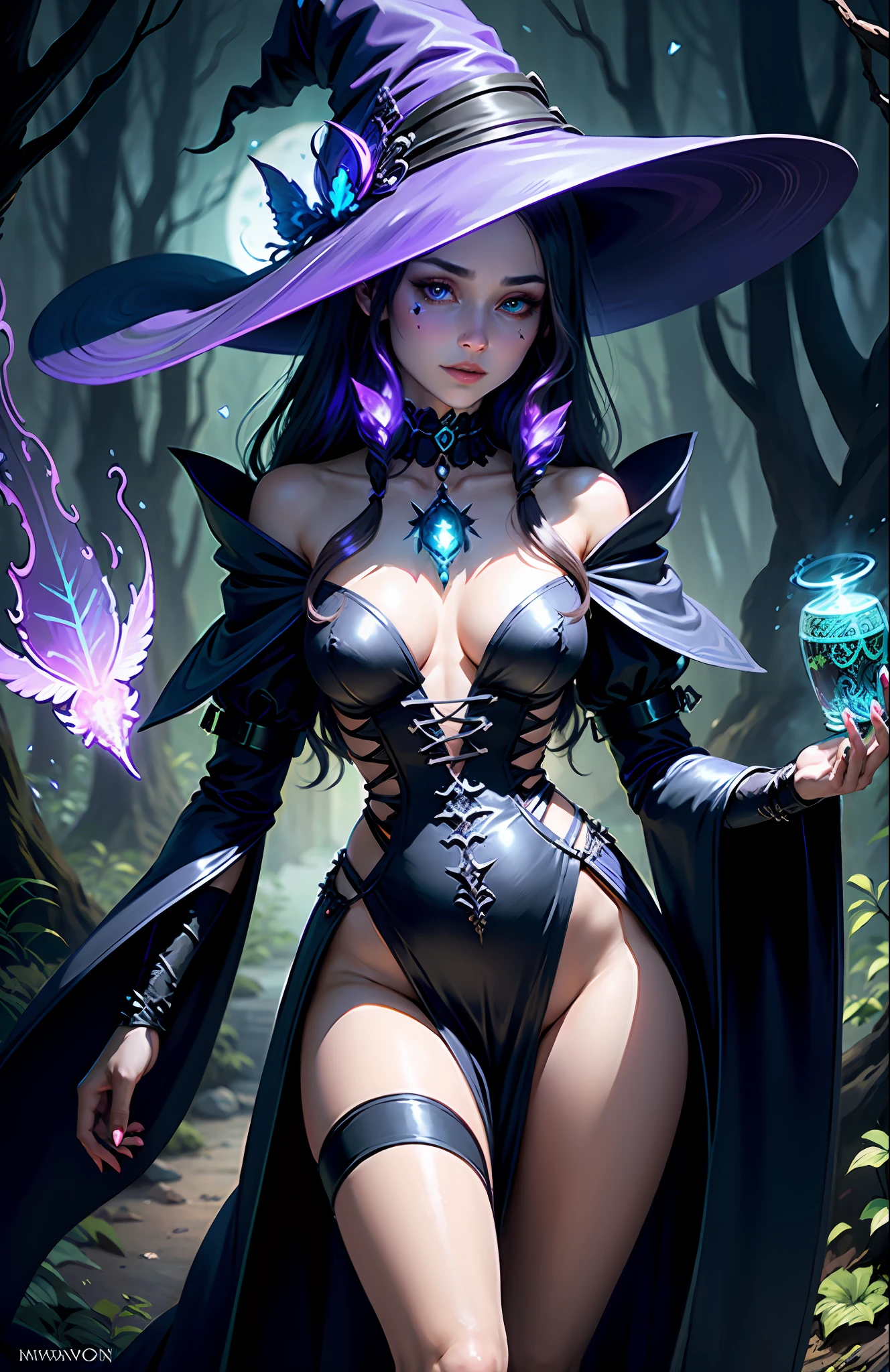 Witch Queen,full body photo of the most beautiful artwork in the world, illustration, cinematic light, fantasy, high resolution, high quality, ultra detailed, best quality, masterpiece, (detailed face), woman (torn) ( transparent galaxy) cloth coat, floating cloth, choker, glowing forest plants (oldest underworld fantasy) with neon accents, open shoulders, small glowing butterfly, hair jewelry, wearing a ripped witch hat, (body focus: 1.25), night, small mutated animals in background, torn miniskirt, potion on hip, shoulder pads emitting magical energy, cameltoe, dark, light flare