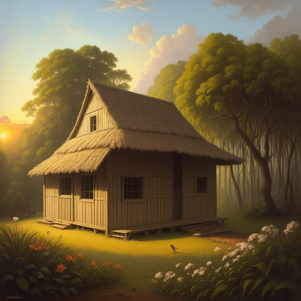 Masterpiece, best quality, (in the style of Jean-François Millet) There is an old white house, there is a beautiful Amazon indigenous woman, small wooden house in the middle of the Amazon forest, seen from afar, birds, flowers, forest, oil painting, sunset