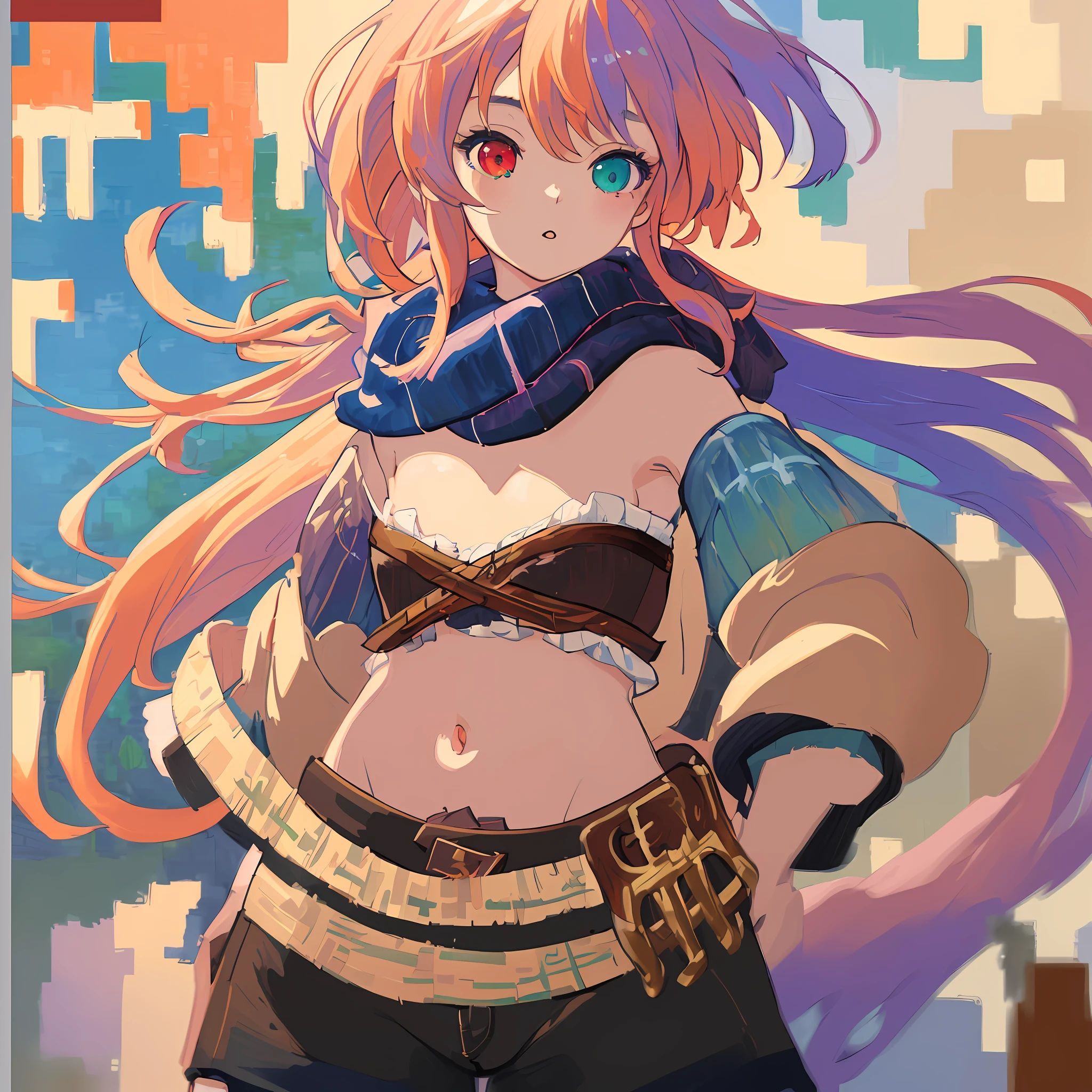 absurdres, incredibly absurdres, 1girl, zoe \(league of legends\), heterochromia, scarf, crop top, shorts, [light orange hair|purple hair], (impressionism:1.4), gradient hair, very long hair, navel, small breasts, (portrait), closeup to face, face focus