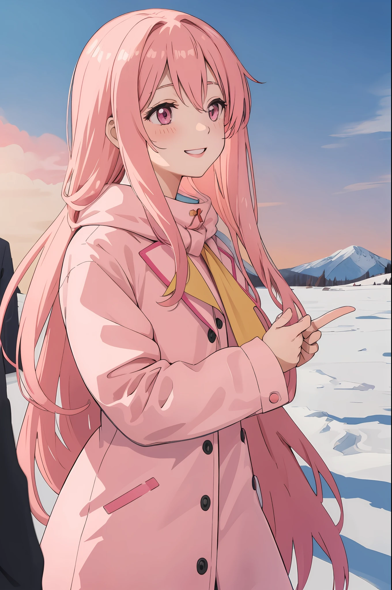 woman pink peach long hair peach pink eyes high school coat winter cute shy smile