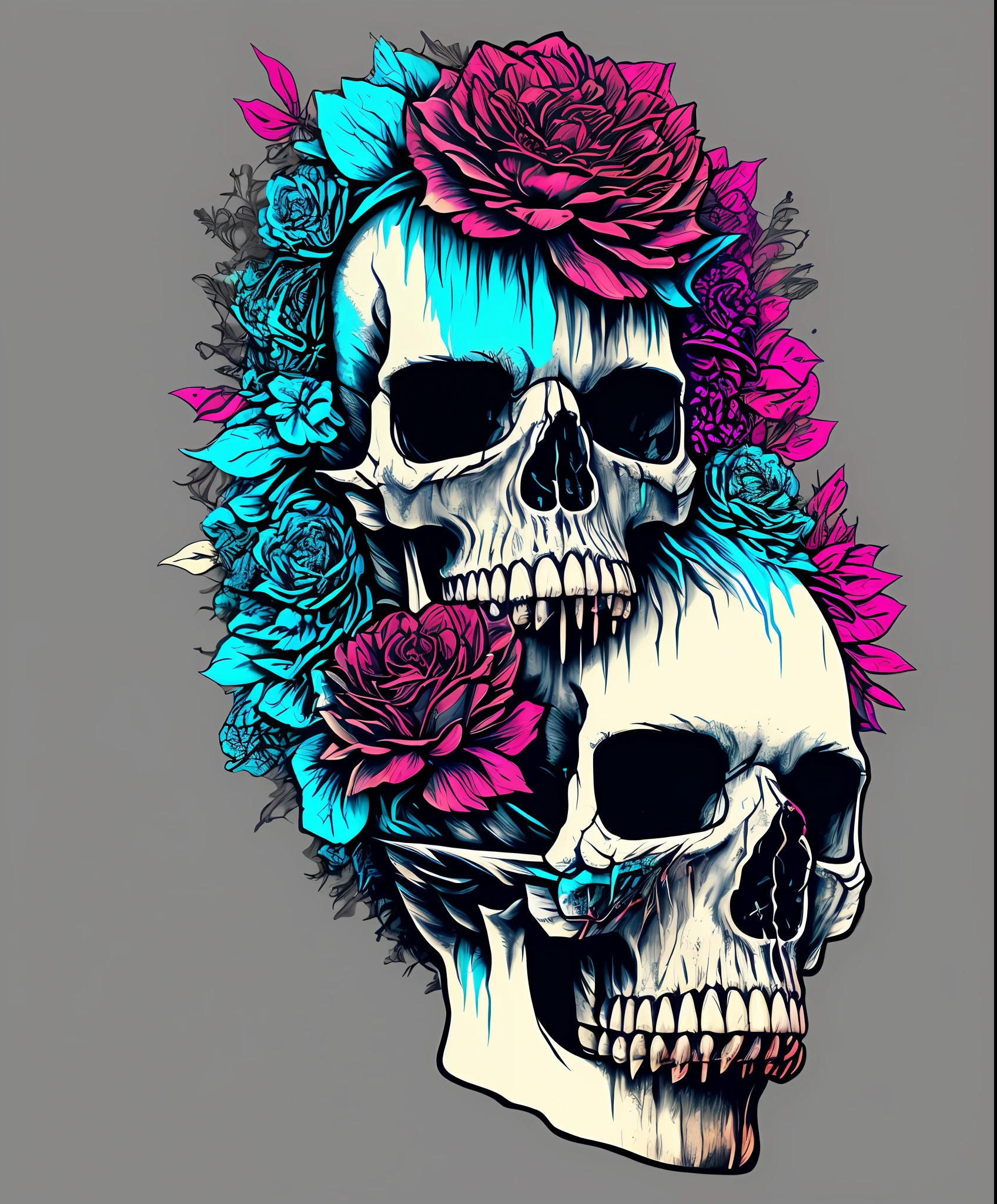 (a portrait of Cyberpunk Skull with fluid colored l:1), t-shirt logo in tapered thin outline style, orthographic view, artwork in (empty background:1.4)flowers in the background