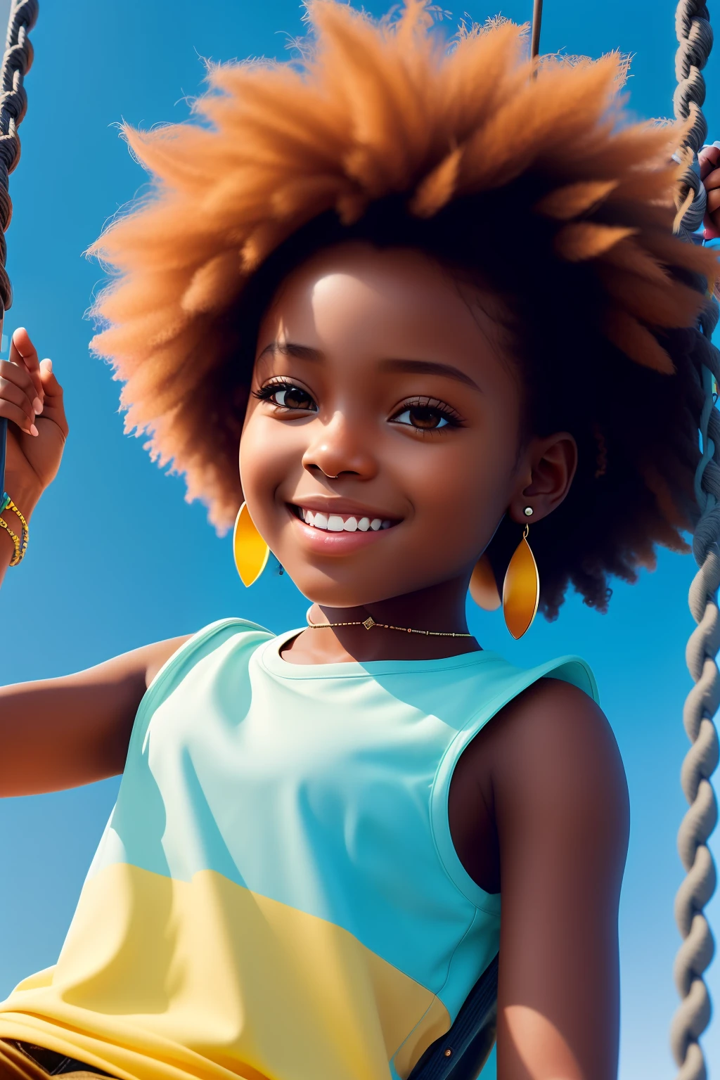 realism portrait of a 3 year old girl ((dark skin color)) cute, afro-futuristic, cute smile, ((on a swing)), wearing colorful T-shirt and jeans, current fashion, long hair tied up, ((bracelet , earrings)), background dark lighting, close-up, product view, detailed facial details, perfect face, sharpness, trend art, sharp facial details, cgsociety, ultra high quality digital art, hyper exquisite details, 4k, 8k lighting smooth, --iso 100 dreamy, fashion -