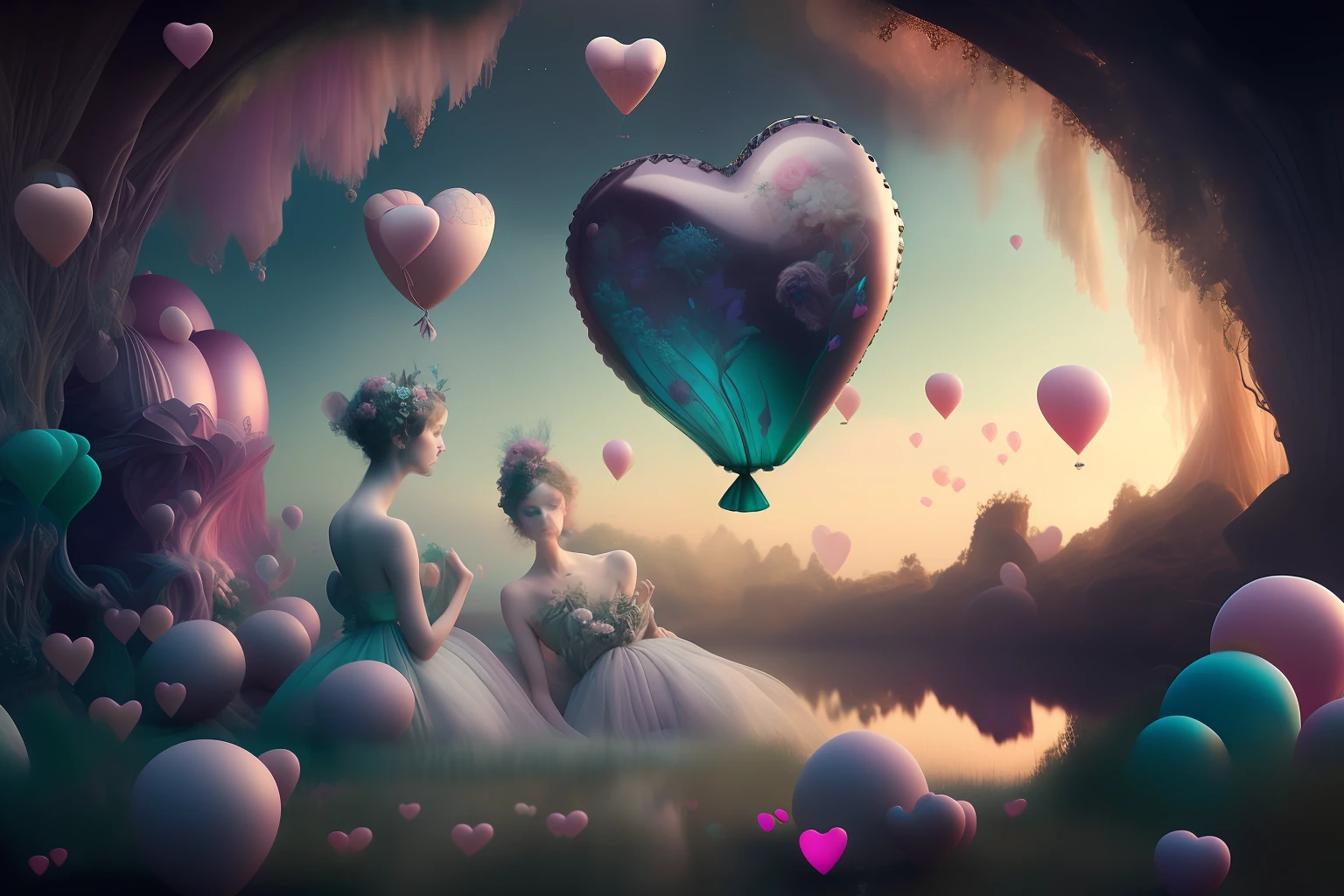 Immerse yourself in a world of pure beauty and wonder, where small, bioluminescent heart-shaped balloons float gracefully above the clouds. These enchanting balloons emit a gentle, otherworldly glow that illuminates the surrounding atmosphere. Against this mesmerizing backdrop, a captivating pair of nymphs appears, exuding a breathtaking beauty that captivates the senses. The composition of the scene is flawlessly arranged, with the nymphs positioned in perfect harmony with the floating balloons, creating a visually stunning tableau. The level of detail in this image is extraordinary, capturing the delicate textures and intricate patterns of the balloons, as well as the ethereal features of the nymphs. This photograph is a true work of art, a masterpiece that showcases the beauty and magic of the natural world. It is captured in astonishing 4K resolution, ensuring that every exquisite detail and breathtaking moment is preserved in breathtaking clarity -